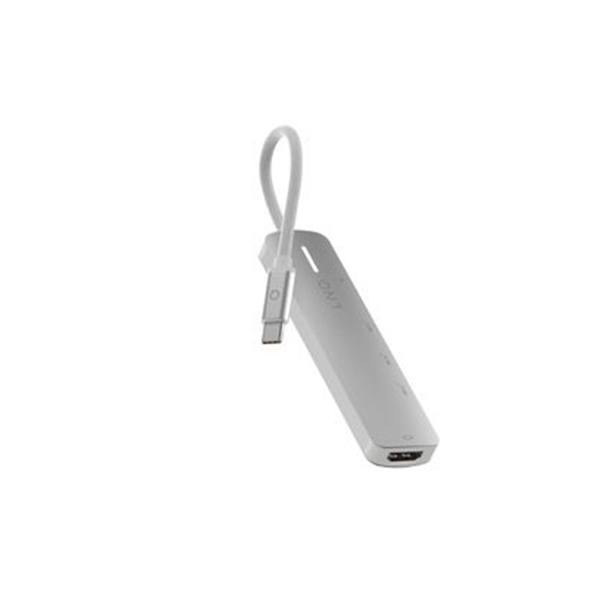Ein weißer USB-C-Hub mit angeschlossenem Kabel. Er hat mehrere Anschlüsse und ein minimalistisches Design, vor weißem Hintergrund.