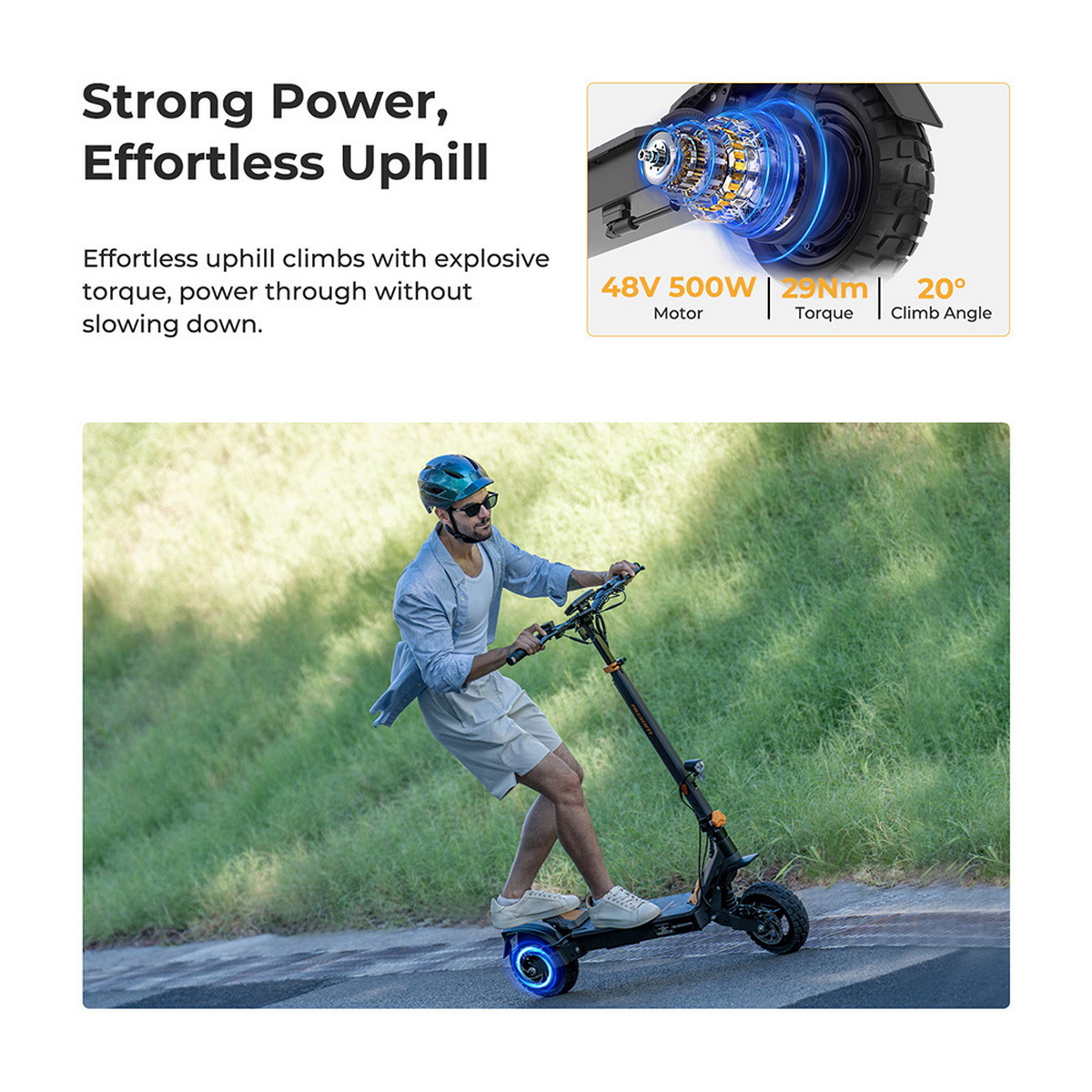 Ein Mann fährt mit einem elektrischen Roller bergauf. Der Roller hat blaue Lichter. Der Hintergrund ist grünes Gras.