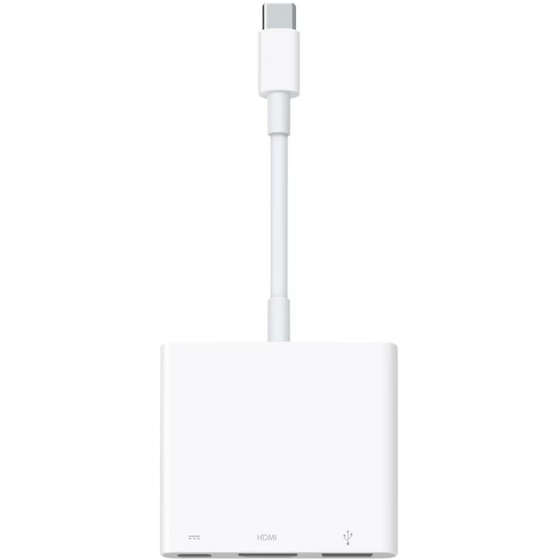 Weißer Apple-Adapter mit USB-C-Anschluss oben, weißem Kabel und weißer Box mit HDMI- und USB-Anschlüssen.