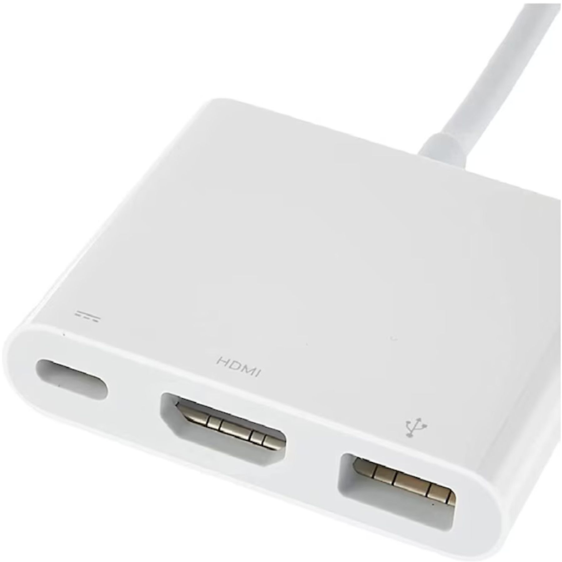Ein weißer HDMI-Adapter. Er hat einen HDMI-Anschluss, einen USB-Anschluss und einen Stromanschluss.