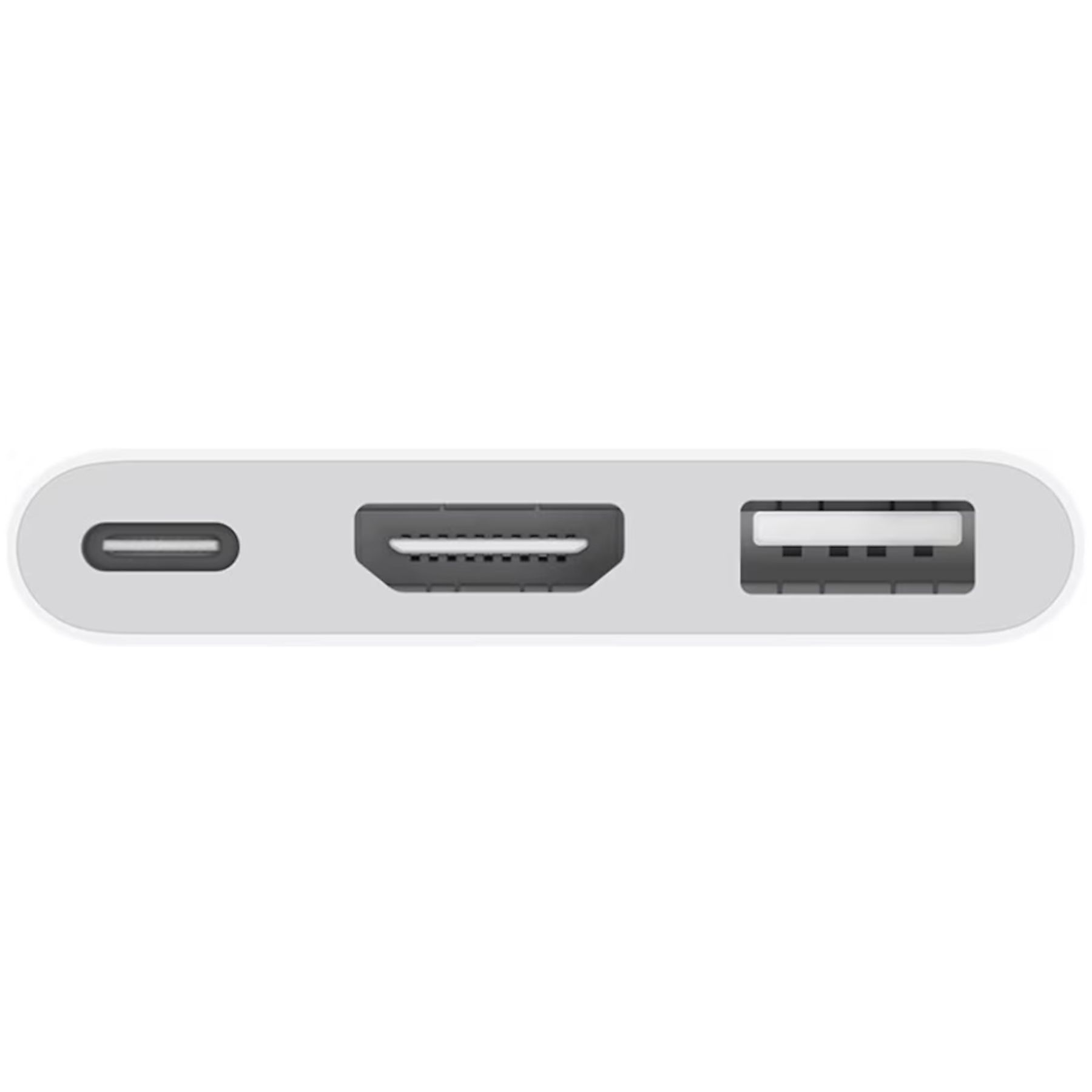 Weißes Gerät mit drei Anschlüssen: USB, HDMI und USB-C. Jeder Anschluss hat eine andere Form und ist vertieft.