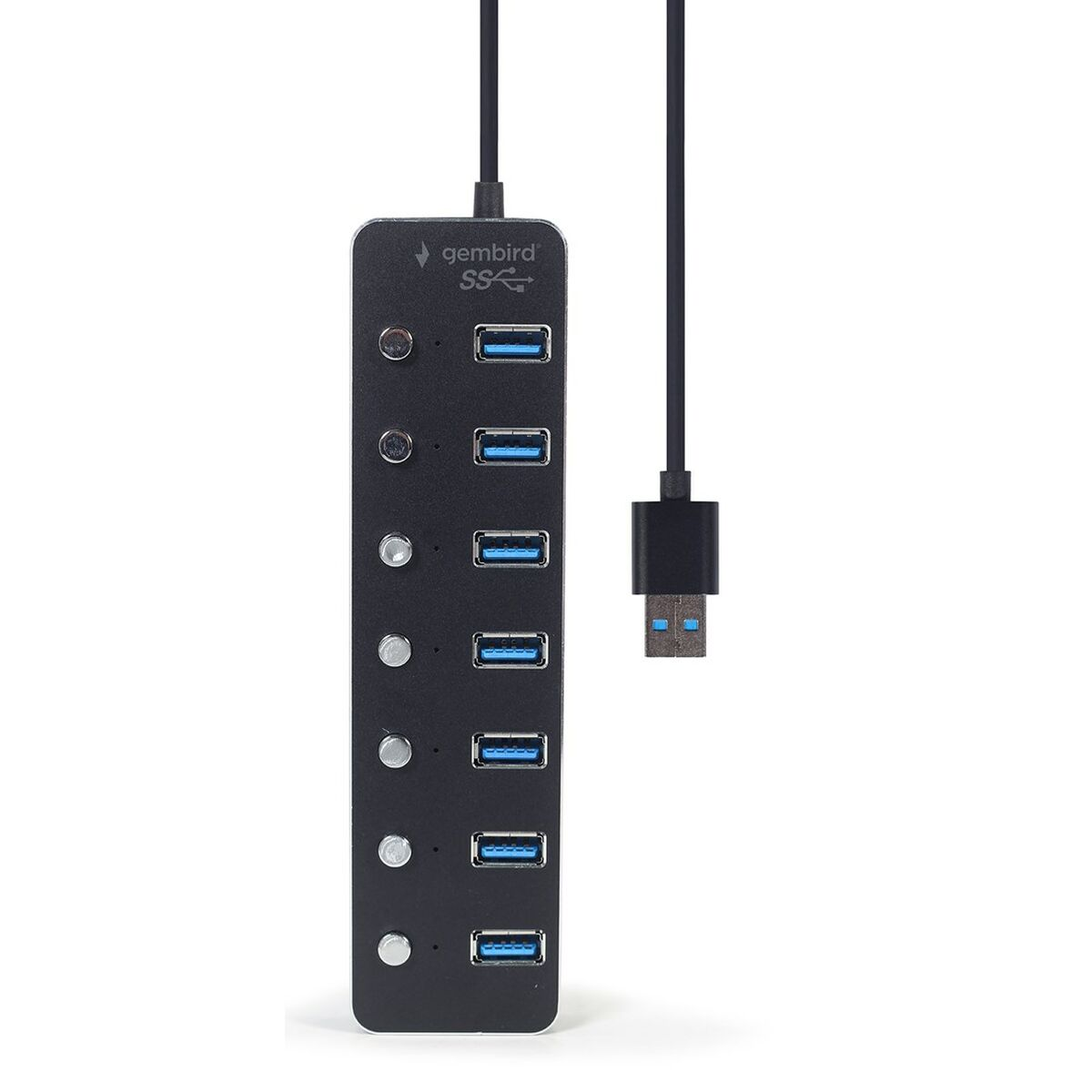 Schwarzer USB-Hub mit 7 Anschlüssen, einem Ein-/Ausschalter und einem angeschlossenen USB-Kabel. Marke ist Gembird.