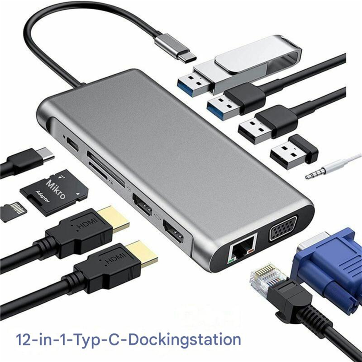 Eine graue 12-in-1-Typ-C-Dockingstation mit mehreren Anschlüssen und angeschlossenen Geräten, darunter USB, HDMI und ein Ethernet-Anschluss.