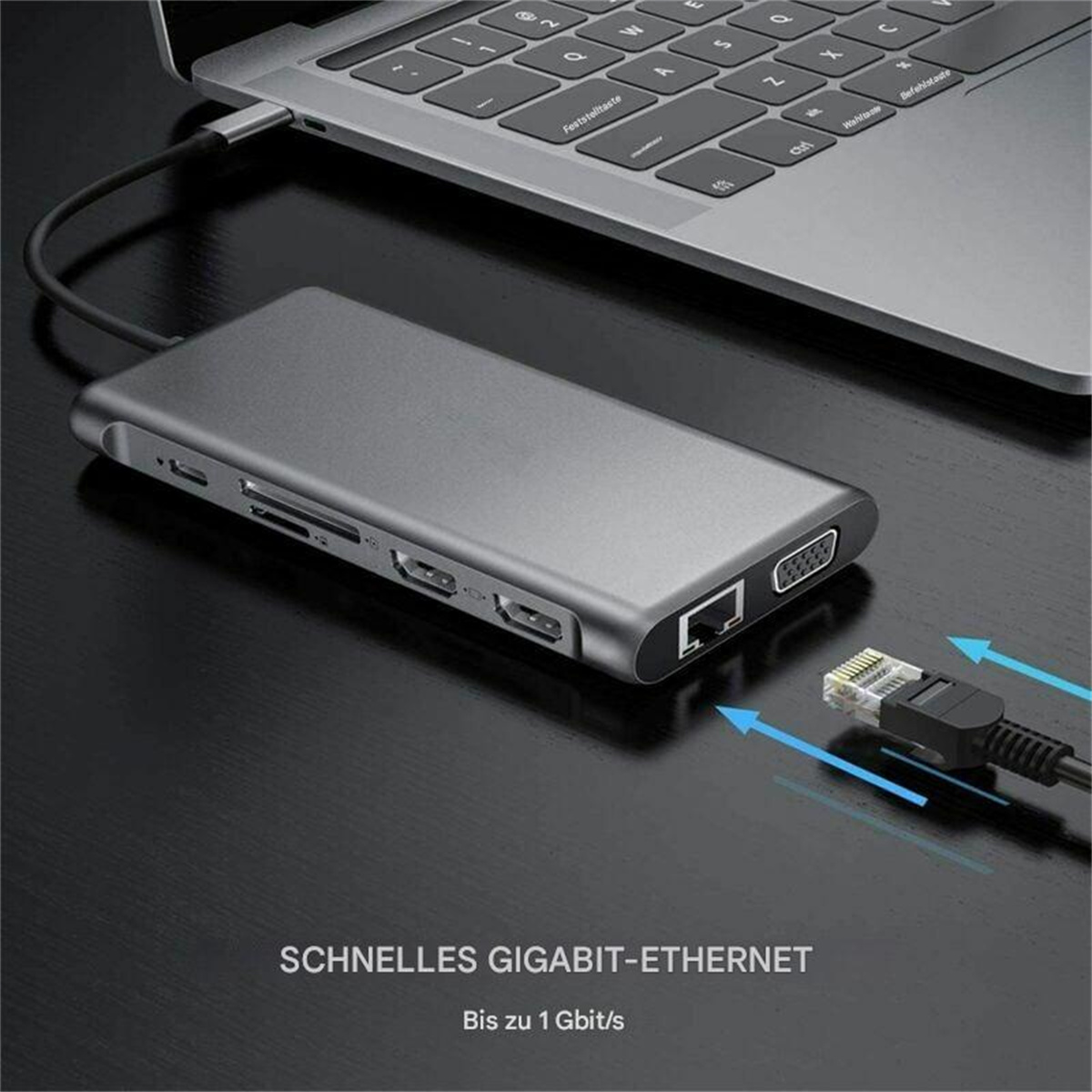 Ein Laptop ist mit einem grauen Hub mit verschiedenen Anschlüssen verbunden. Ein Ethernet-Kabel ist eingesteckt. Text lautet 'Schnelles Gigabit-Ethernet'.