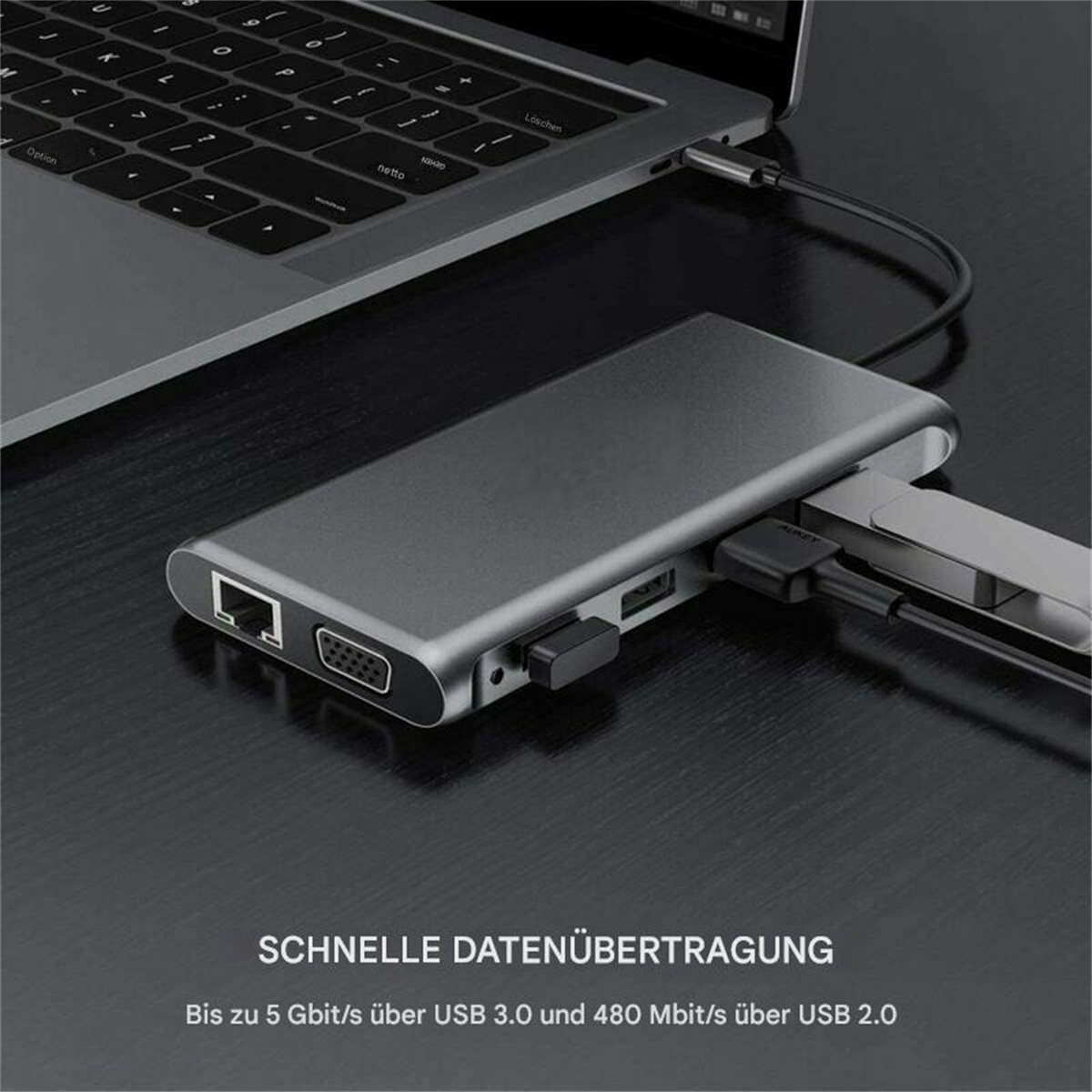 Ein Laptop mit angeschlossenem USB-Hub. Der Hub hat mehrere Anschlüsse, darunter Ethernet und USB. Text unten: schnelle Datenübertragung.