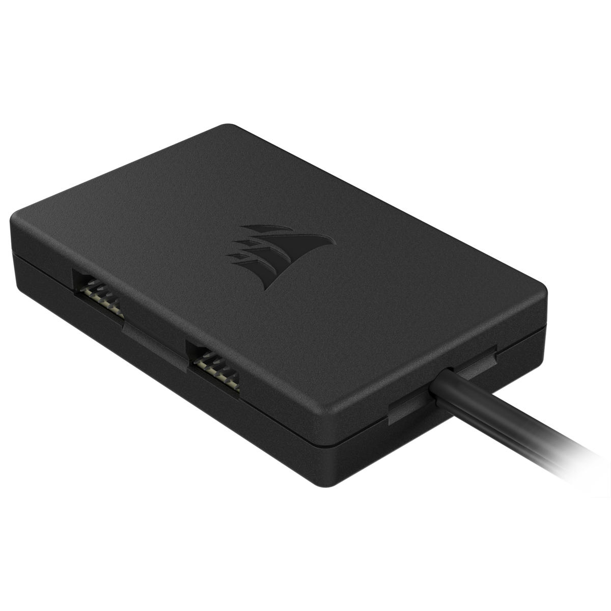 Un dispositivo Corsair nero con porte, logo e cavo che si estende verso destra. È rettangolare e si trova su sfondo bianco.