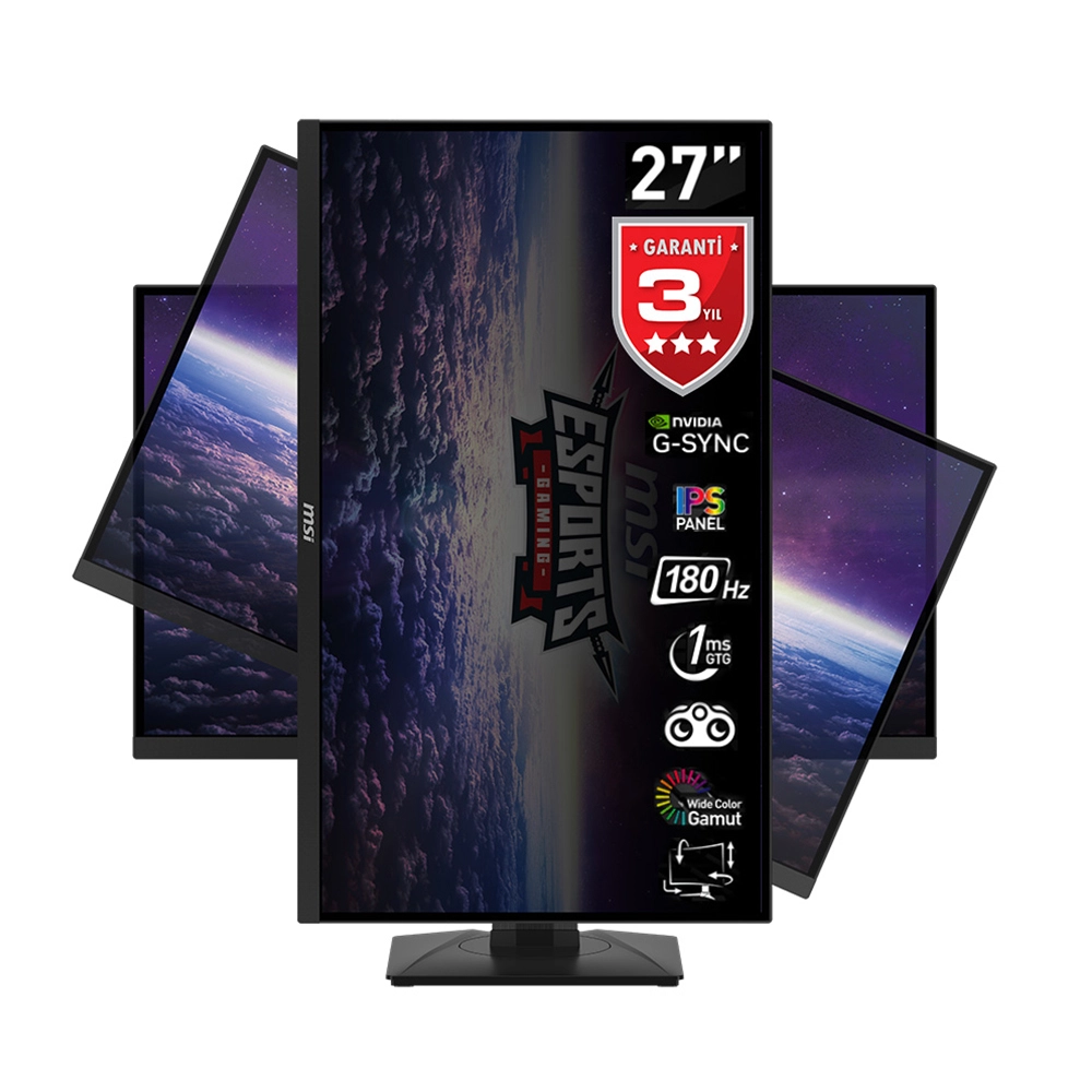 Un monitor da gaming MSI da 27 pollici. Lo schermo mostra una scena spaziale. I dettagli del prodotto sono mostrati.