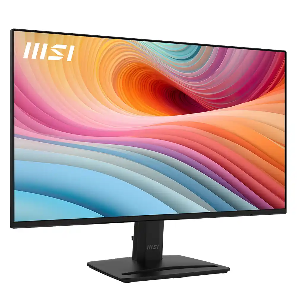 Monitor MSI z kolorowym, abstrakcyjnym wyświetlaczem. Ma czarną podstawę i ramę. Ekran pokazuje fale koloru.