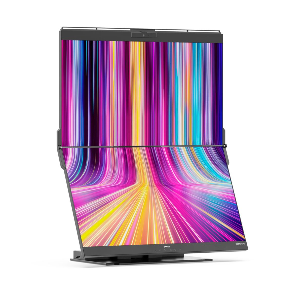 Nowoczesny, składany monitor z kolorowym, abstrakcyjnym wyświetlaczem. Ekran wyświetla pionowe linie w kolorach różowym, żółtym, niebieskim i fioletowym.