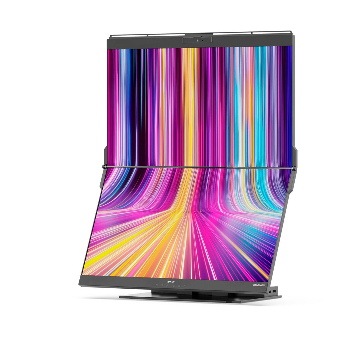 Nowoczesny monitor komputerowy z podzielonym ekranem wyświetlającym kolorowe, abstrakcyjne linie. Monitor jest ustawiony pod kątem z białym tłem.