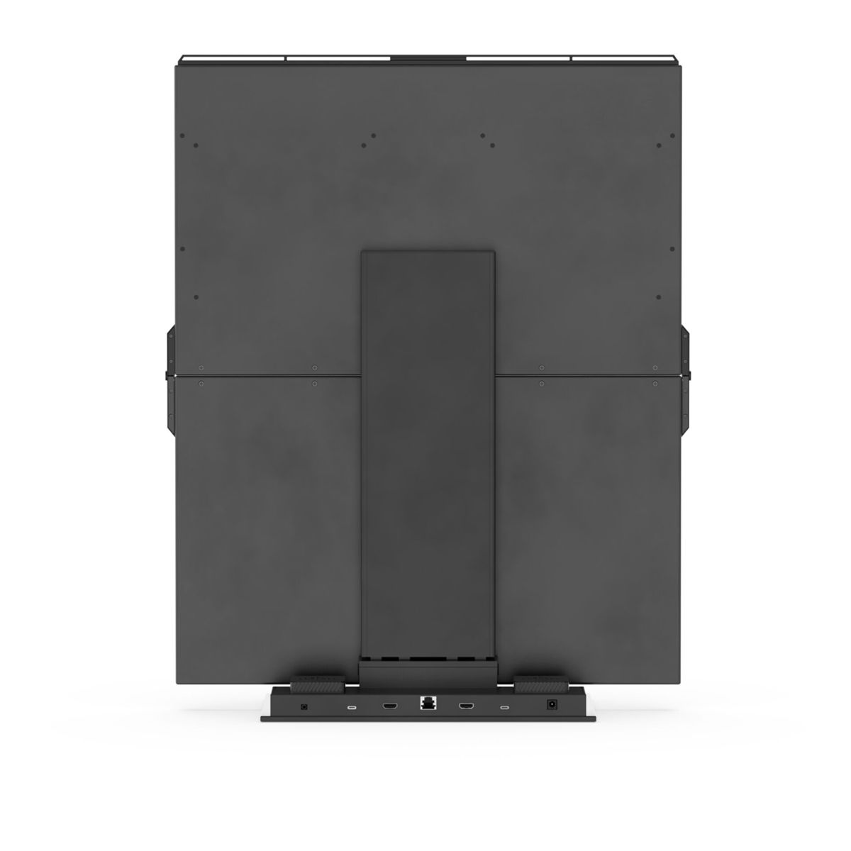 Duże, ciemnoszare, prostokątne urządzenie, prawdopodobnie ekran, widziane od tyłu. Ma podstawę i różne porty na dole.