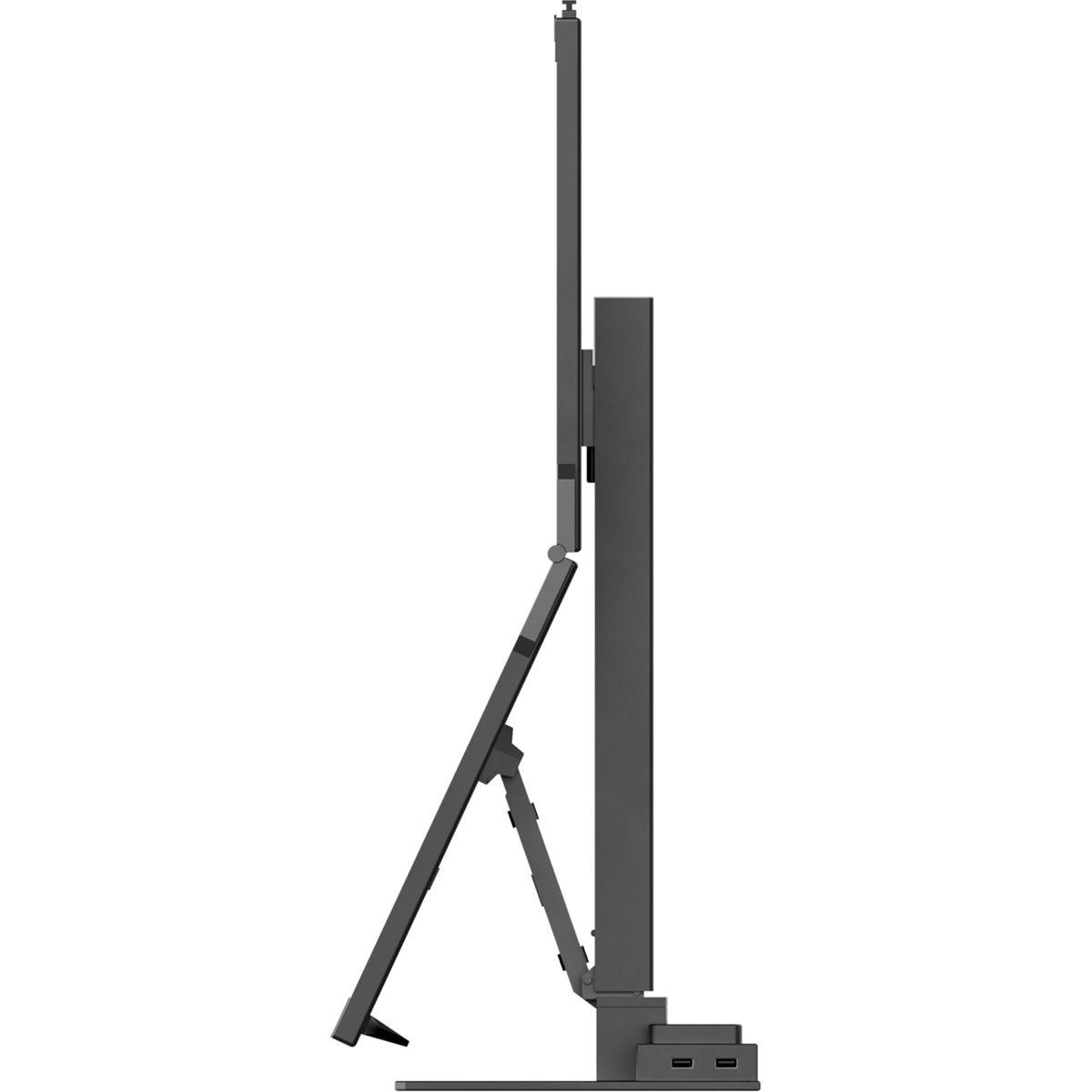 Ciemnoszary interaktywny ekran, pochylony, z pionowym wspornikiem i podstawą. Ekran jest podparty zawiasową nogą.