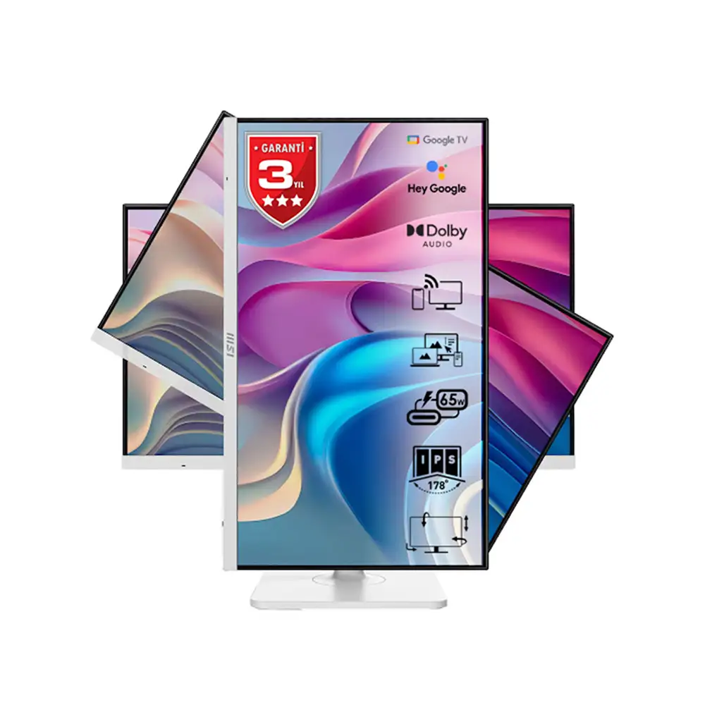 Wiele monitorów MSI, prezentujących żywe, abstrakcyjne wyświetlacze. Centralny monitor ma informacje o gwarancji, Google TV i logo Dolby Audio.