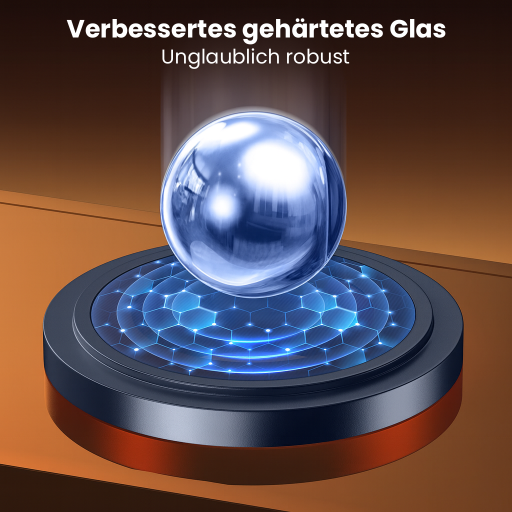 Eine blaue Kugel schwebt über einer runden Plattform mit Wabenmuster auf orange-braunem Hintergrund. Oben steht 'Verbessertes gehärtetes Glas'.