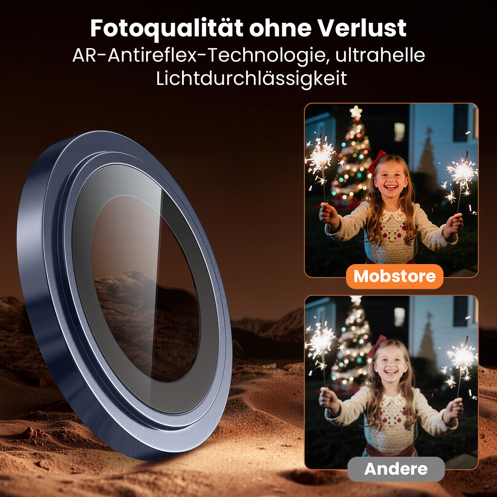 Das Bild zeigt eine Linse und zwei Fotos eines Mädchens, das Wunderkerzen hält. Der Text lautet 'Fotoqualität ohne Verlust' und 'Mobstore'.