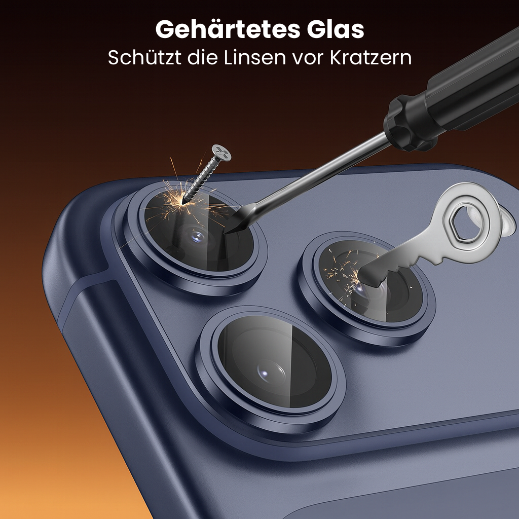 Ein Telefon mit drei Kameralinsen wird mit einem Schraubendreher, einer Schraube und einem Schlüssel auf Kratzfestigkeit getestet. Funken fliegen.