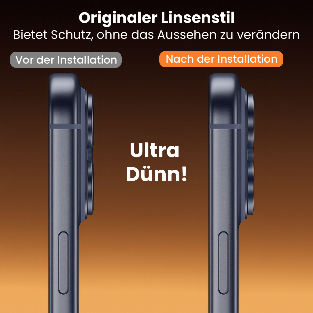 Das Bild zeigt ein Telefon-Seitenprofil. Vor und nach der Linseninstallationsschutz. Text sagt 'Ultra Dünn'.