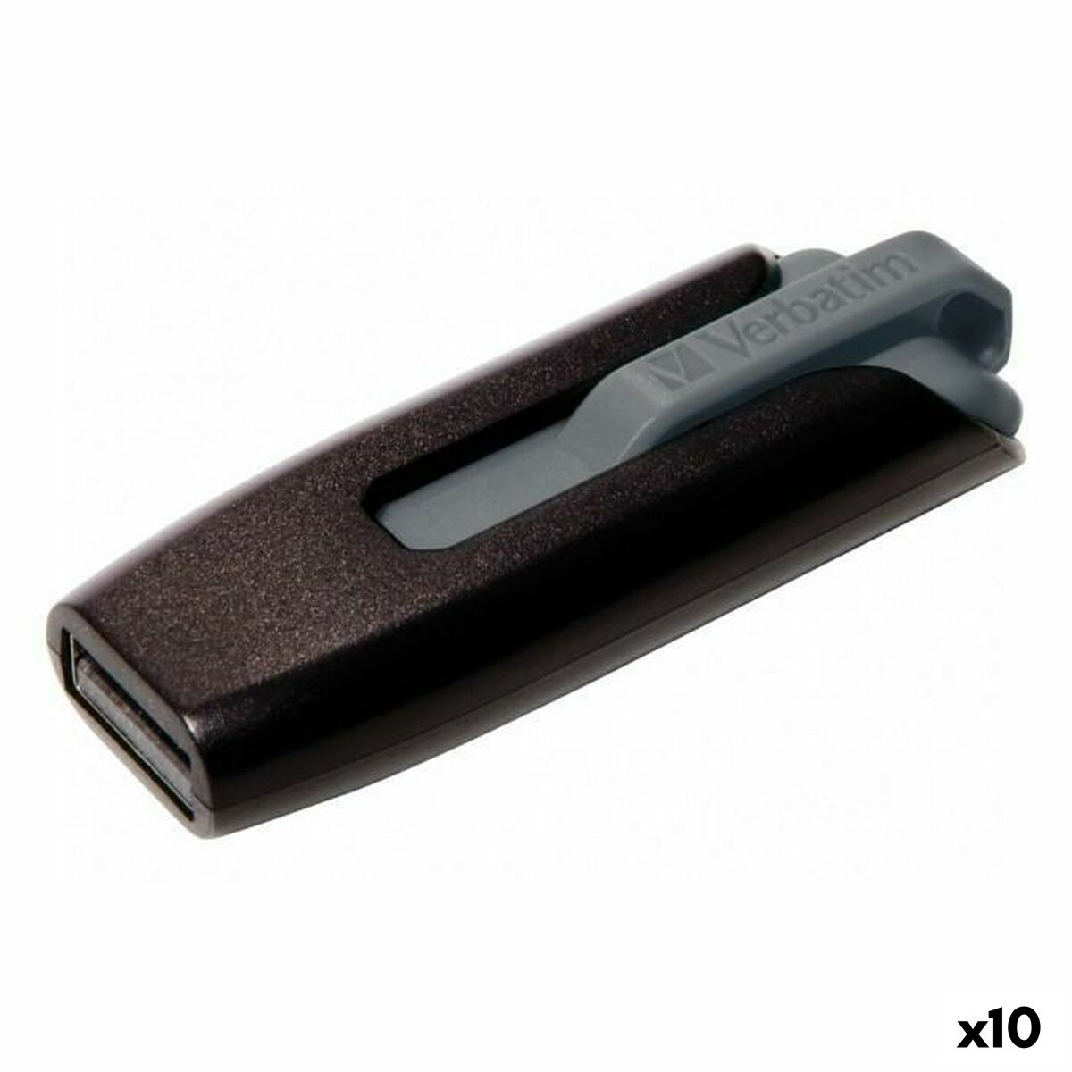 Un'unità USB Verbatim nera e grigia. L'unità ha un meccanismo scorrevole e il logo Verbatim è visibile. Sfondo bianco.