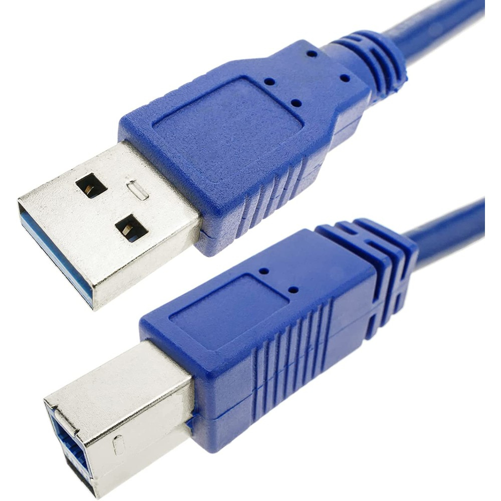 Un cavo USB blu con due connettori. Uno è l'USB standard, l'altro è un connettore rettangolare più grande.