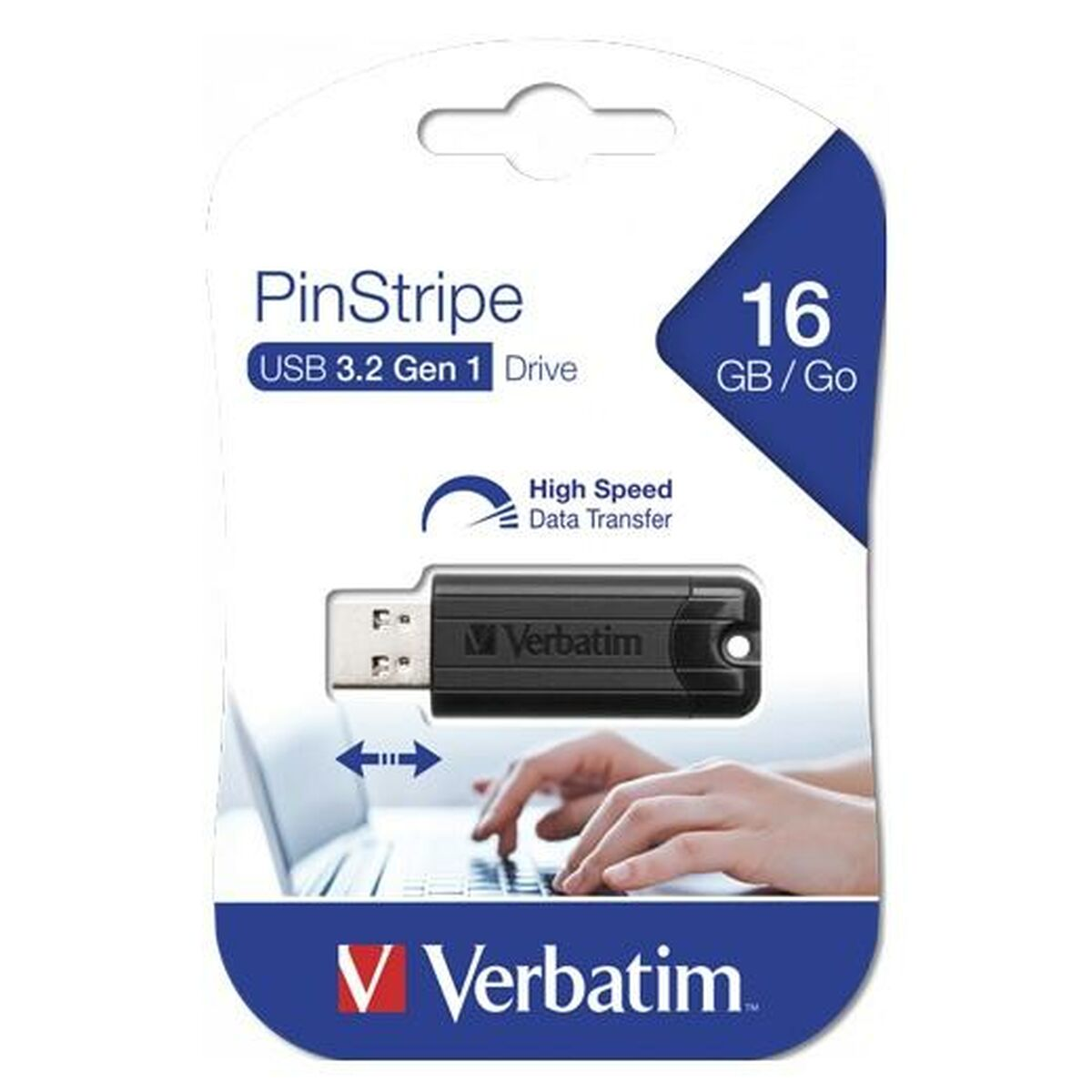 Un'unità USB Verbatim PinStripe. La confezione mostra un'unità USB, mani che digitano su un laptop e indicatori di trasferimento dati.
