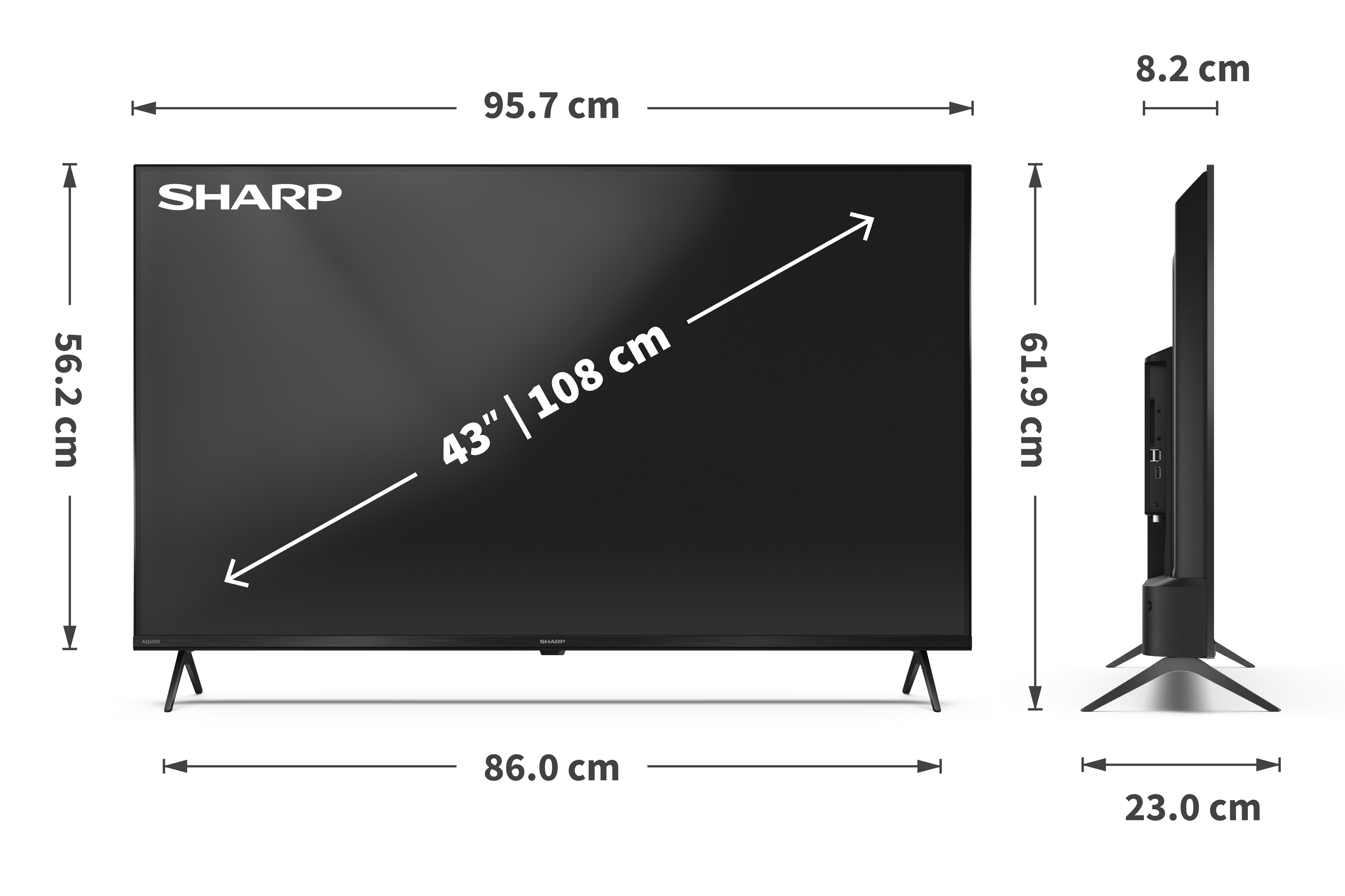 Een Sharp 43-inch tv, zwart scherm, met afmetingen gemarkeerd. De tv staat op twee poten en het logo staat bovenaan.