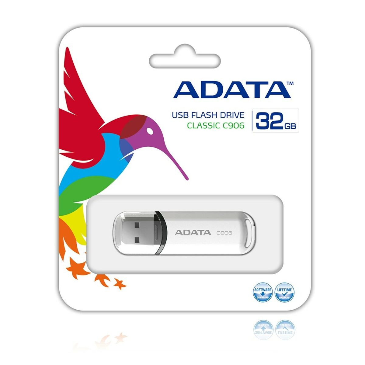 Ein weißer ADATA USB-Stick in der Verpackung. Bunte Vogelgrafik links oben. Der Stick hat 32 GB.
