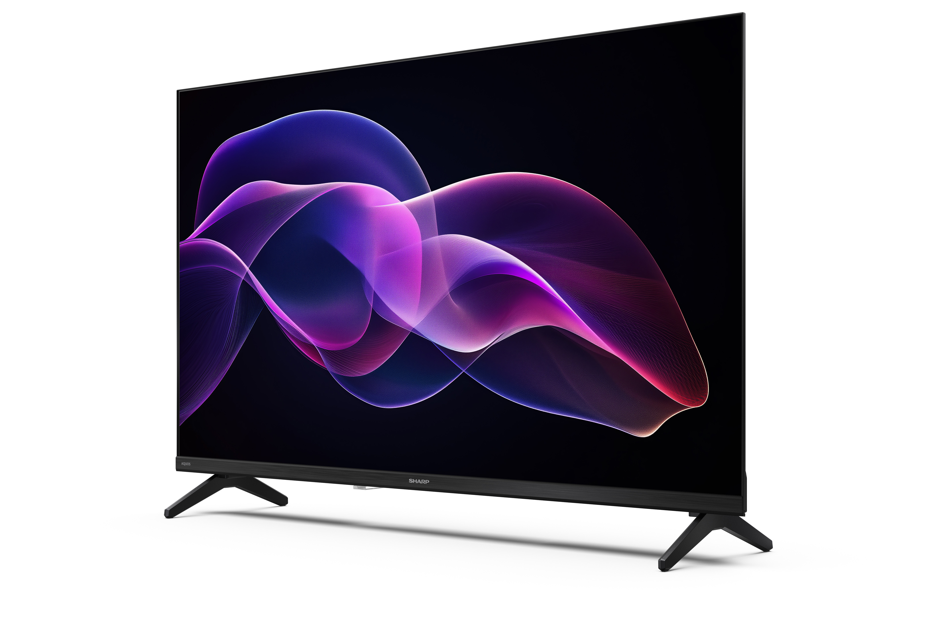 Un téléviseur Sharp avec un cadre et des pieds noirs, affichant un motif abstrait violet et rose sur fond noir.