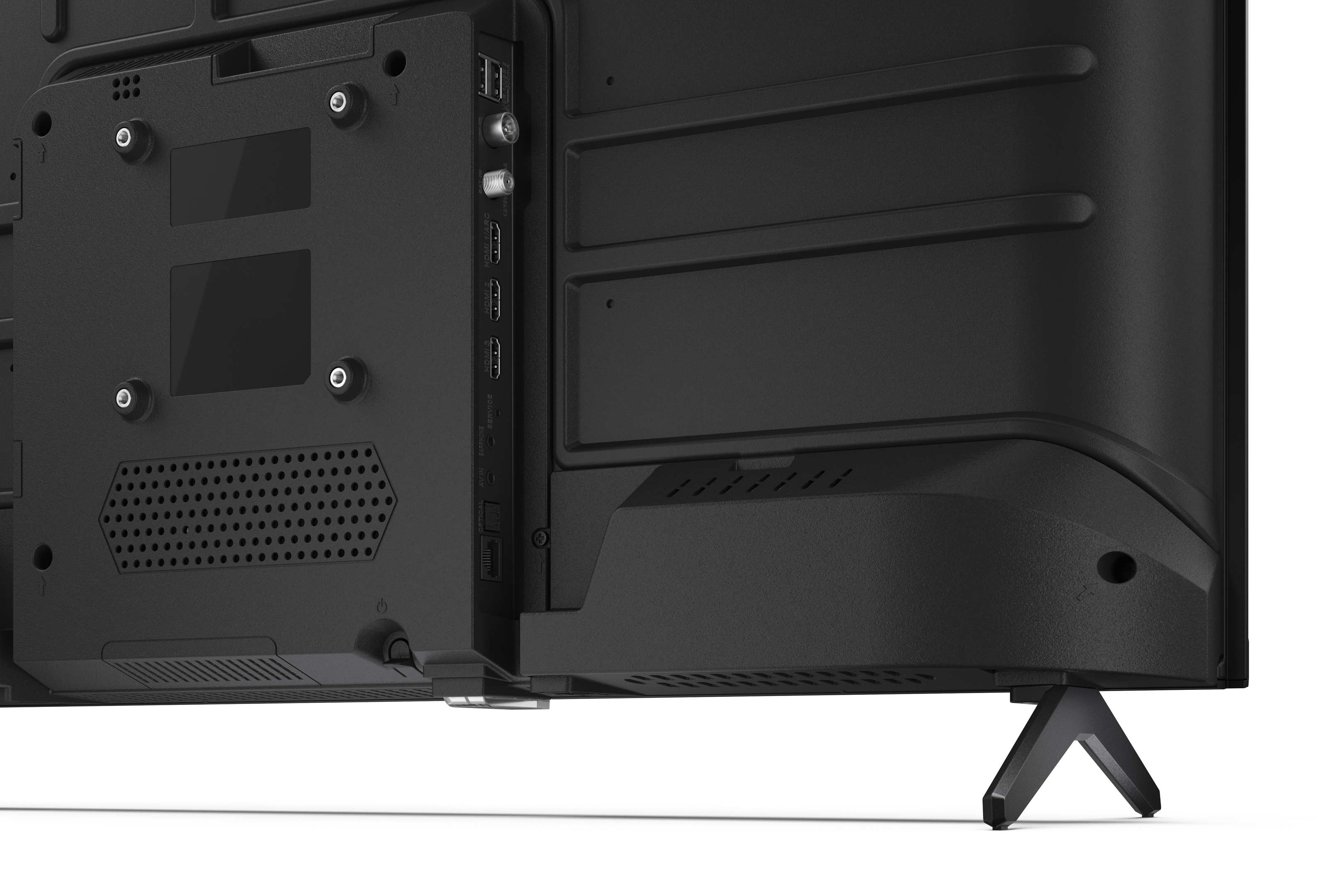 Dos de téléviseur noir avec ports, aérations et un pied. Comprend des ports HDMI et un bouton d'alimentation, isolé sur blanc.