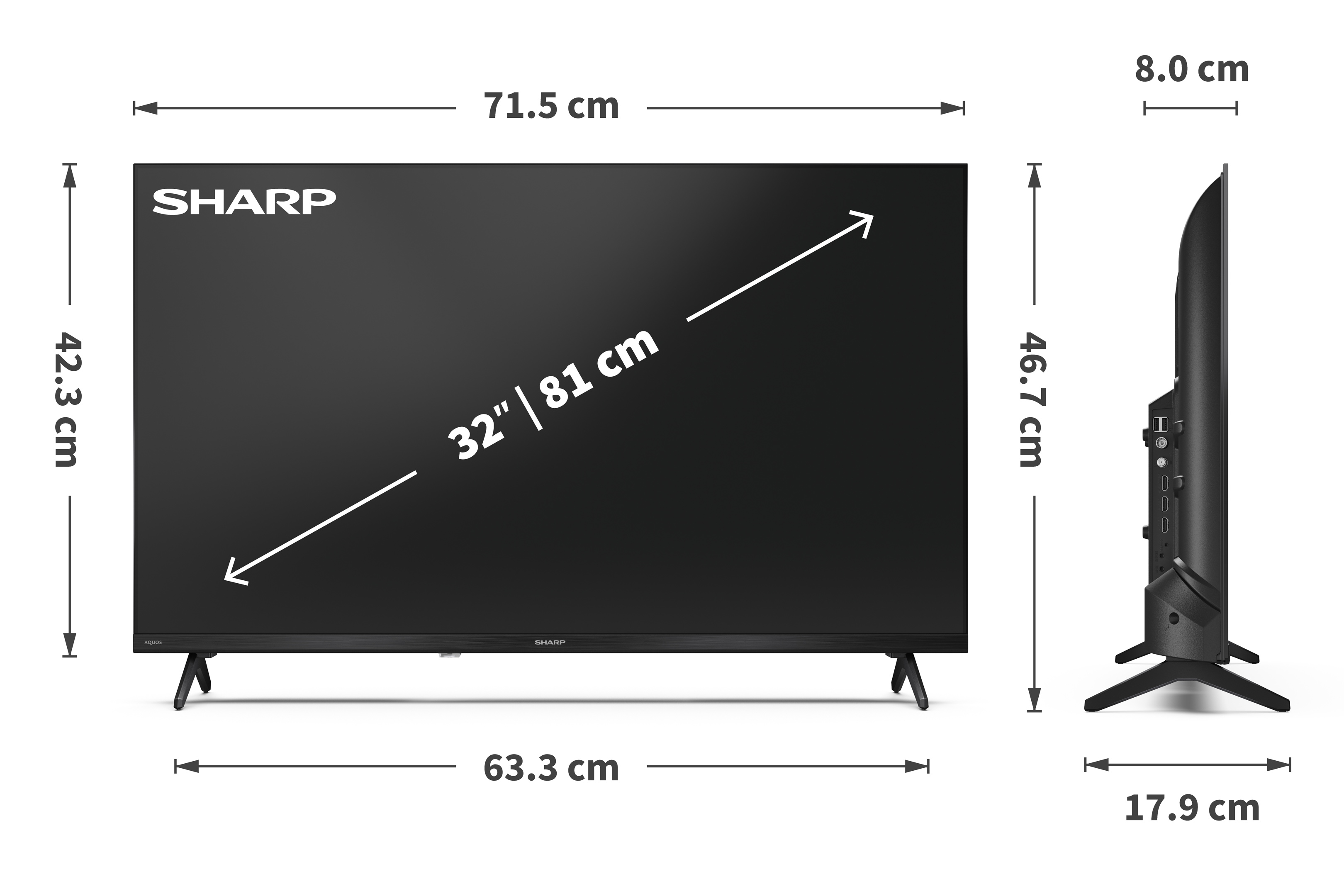 Un téléviseur noir Sharp de 32 pouces avec des dimensions indiquées. L'écran affiche les dimensions, la taille et les détails de la marque.