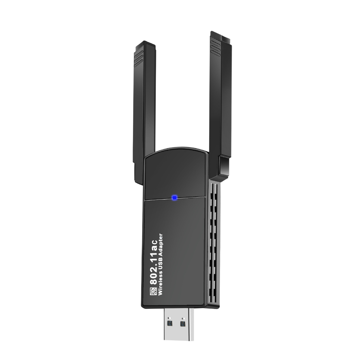 Ein schwarzer USB-WLAN-Adapter mit zwei Antennen. Er hat ein blaues Licht, einen USB-Anschluss und den Text '802.11ac Wireless USB Adapter'.