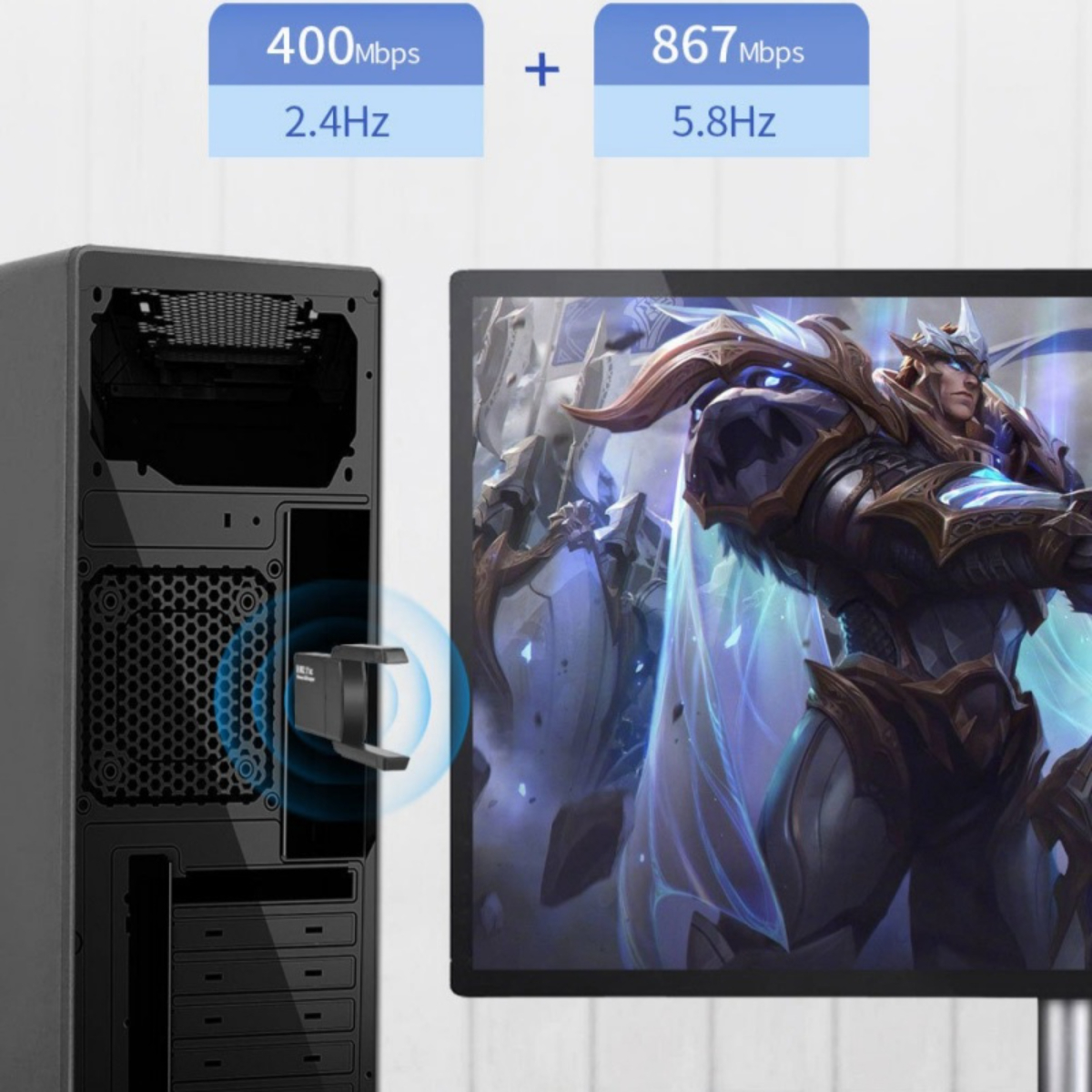 Ein Computerturm mit Netzwerkadapter, ein Monitor mit einem Krieger und Geschwindigkeitsinformationen: 400 Mbit/s/2,4 GHz + 867 Mbit/s/5,8 GHz.