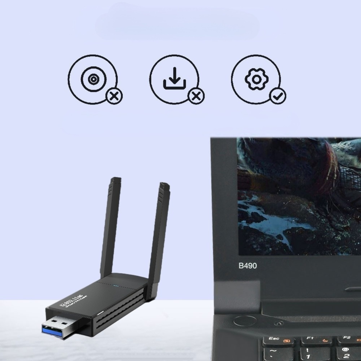 Ein USB-WLAN-Adapter ist eingesteckt, neben einem Laptop. Oben befinden sich drei runde Symbole, die Funktionen darstellen.