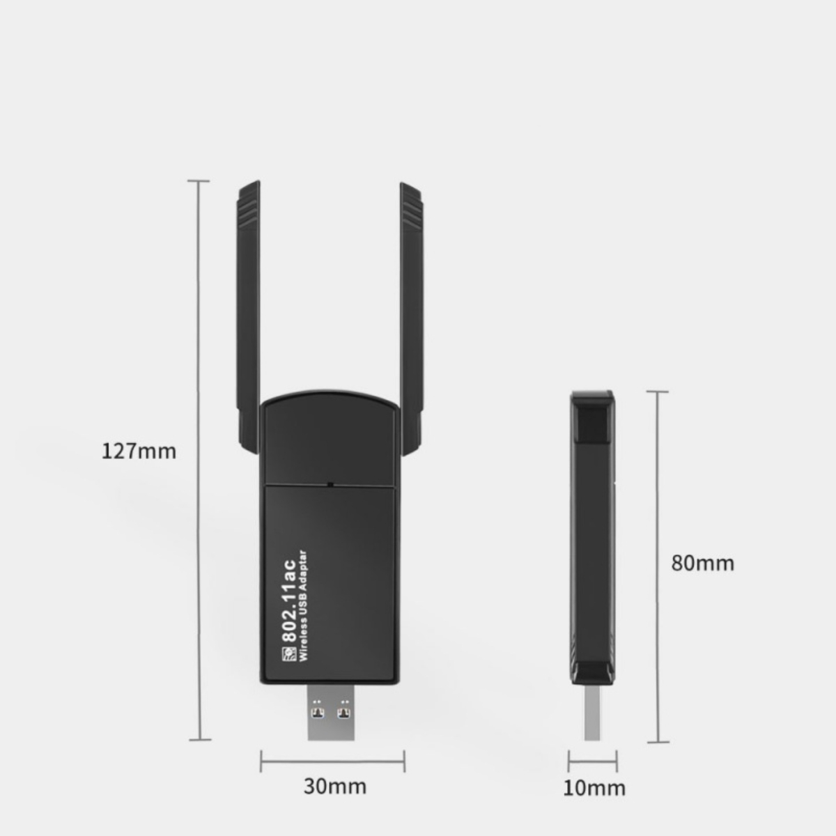 Ein schwarzer drahtloser USB-Adapter mit Antennen und eine Seitenansicht davon. Abmessungen sind beschriftet: 127 mm, 30 mm, 80 mm und 10 mm.