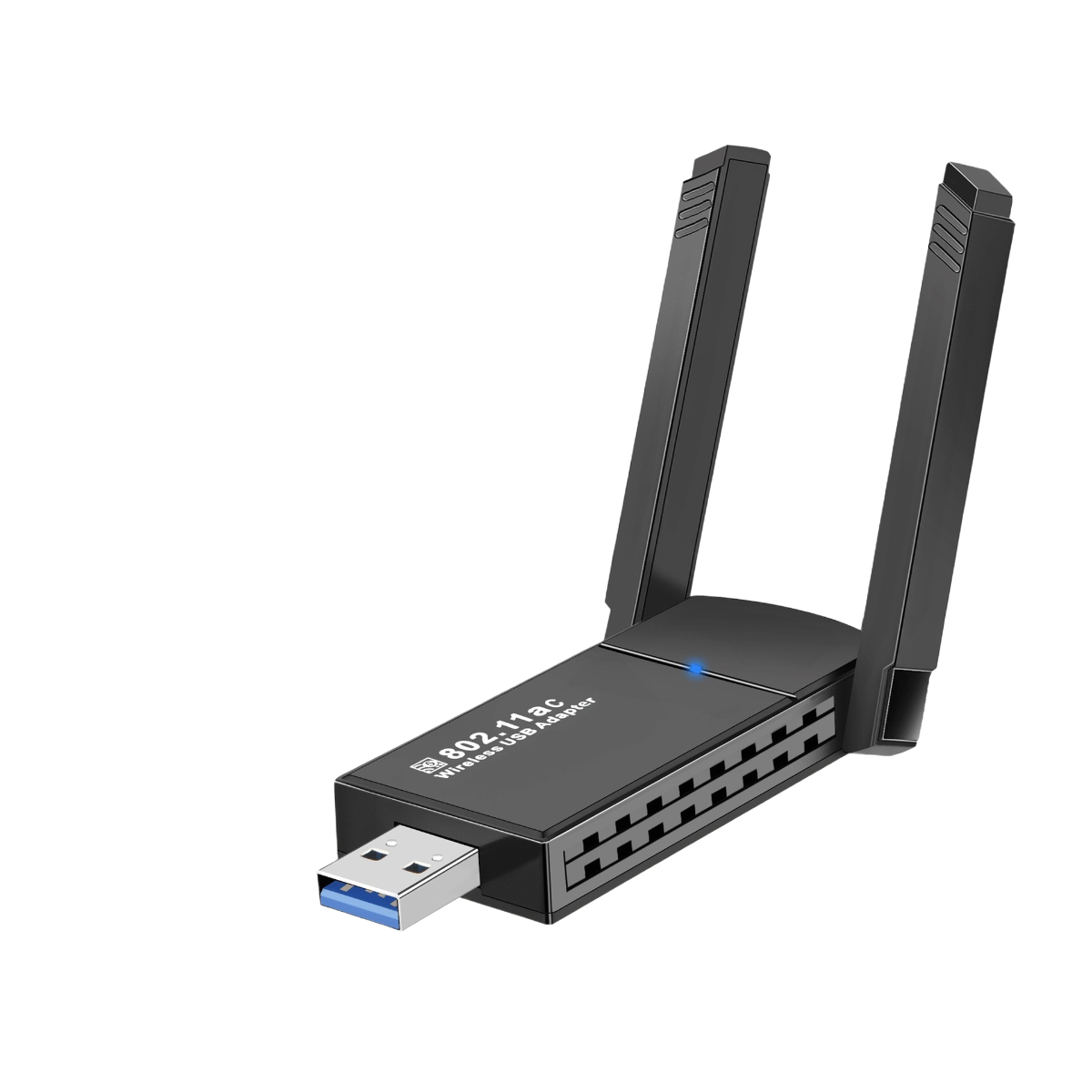 Ein schwarzer USB-WLAN-Adapter mit zwei Antennen. Er hat einen USB-Anschluss mit blauem Ende und den Text '802.11ac Wireless USB Adapter'.