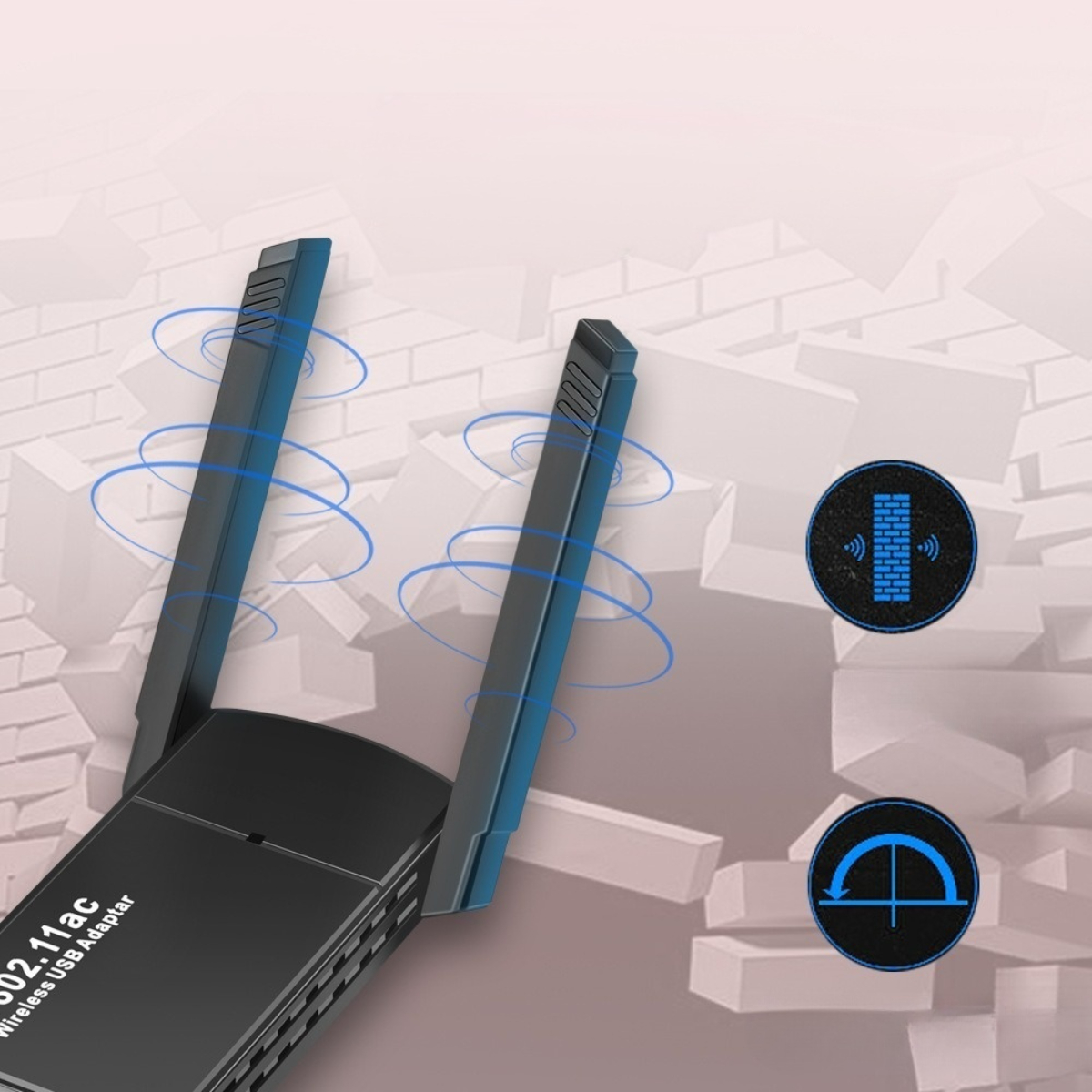 Ein schwarzer drahtloser USB-Adapter mit zwei blauen Antennen. Blaue Signalwellen gehen von den Antennen aus. Hintergrund zeigt eine Ziegelmauer.
