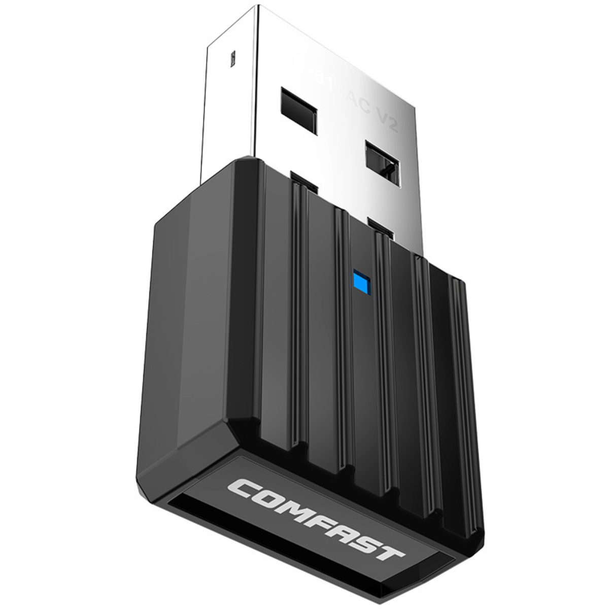 Ein schwarzer und silberner USB-WLAN-Adapter. Es hat COMFAST aufgedruckt, mit einem blauen Licht. Der USB-Teil ist silber.