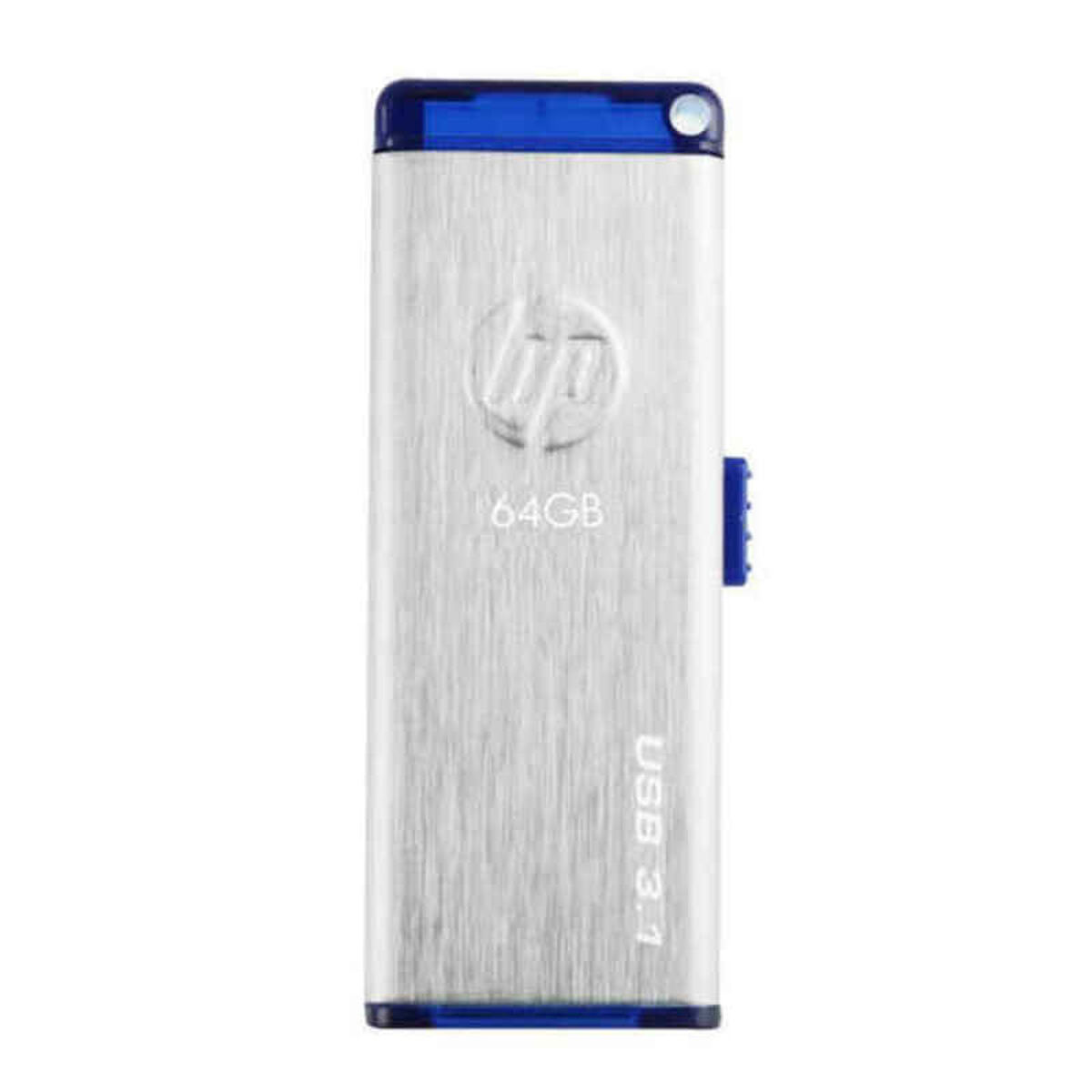 Ein silberner und blauer HP 64GB USB 3.1-Flash-Laufwerk mit HP-Logo auf weißem Hintergrund.