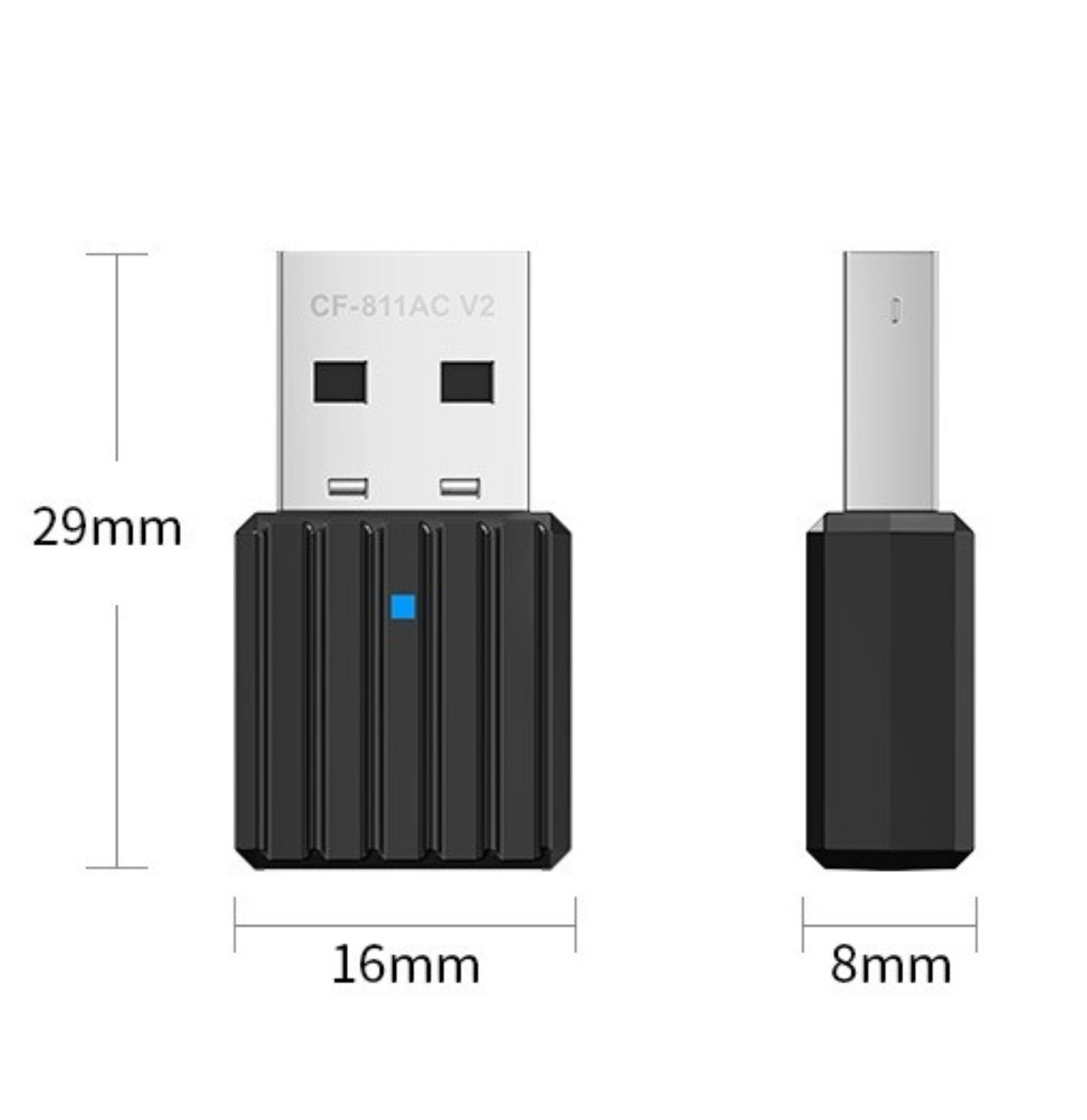 Schwarzer USB-Adapter, Seiten- und Vorderansicht, mit Maßen. 29 mm x 16 mm x 8 mm. Hat eine blaue Lichtanzeige.