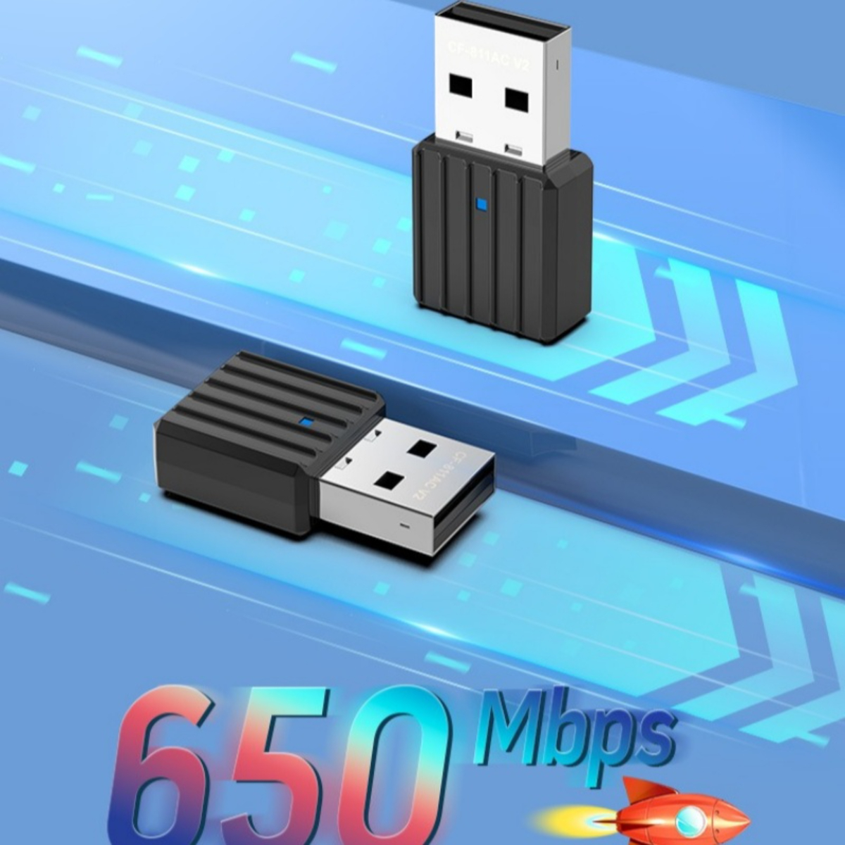 Zwei schwarze USB-WLAN-Adapter, einer eingesteckt. Das Bild zeigt eine Geschwindigkeit von 650 Mbit/s und eine Rakete.