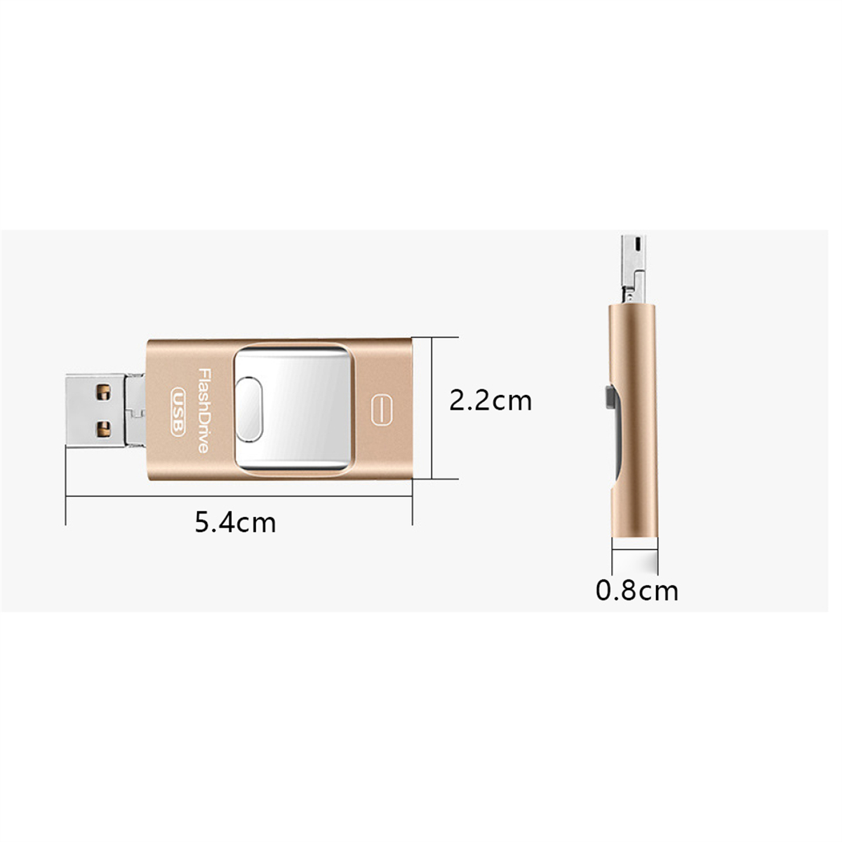 Ein goldener USB-Stick, beschriftet mit 'FlashDrive USB', in zwei Ansichten mit den Maßen: 5,4 cm x 2,2 cm und 0,8 cm.