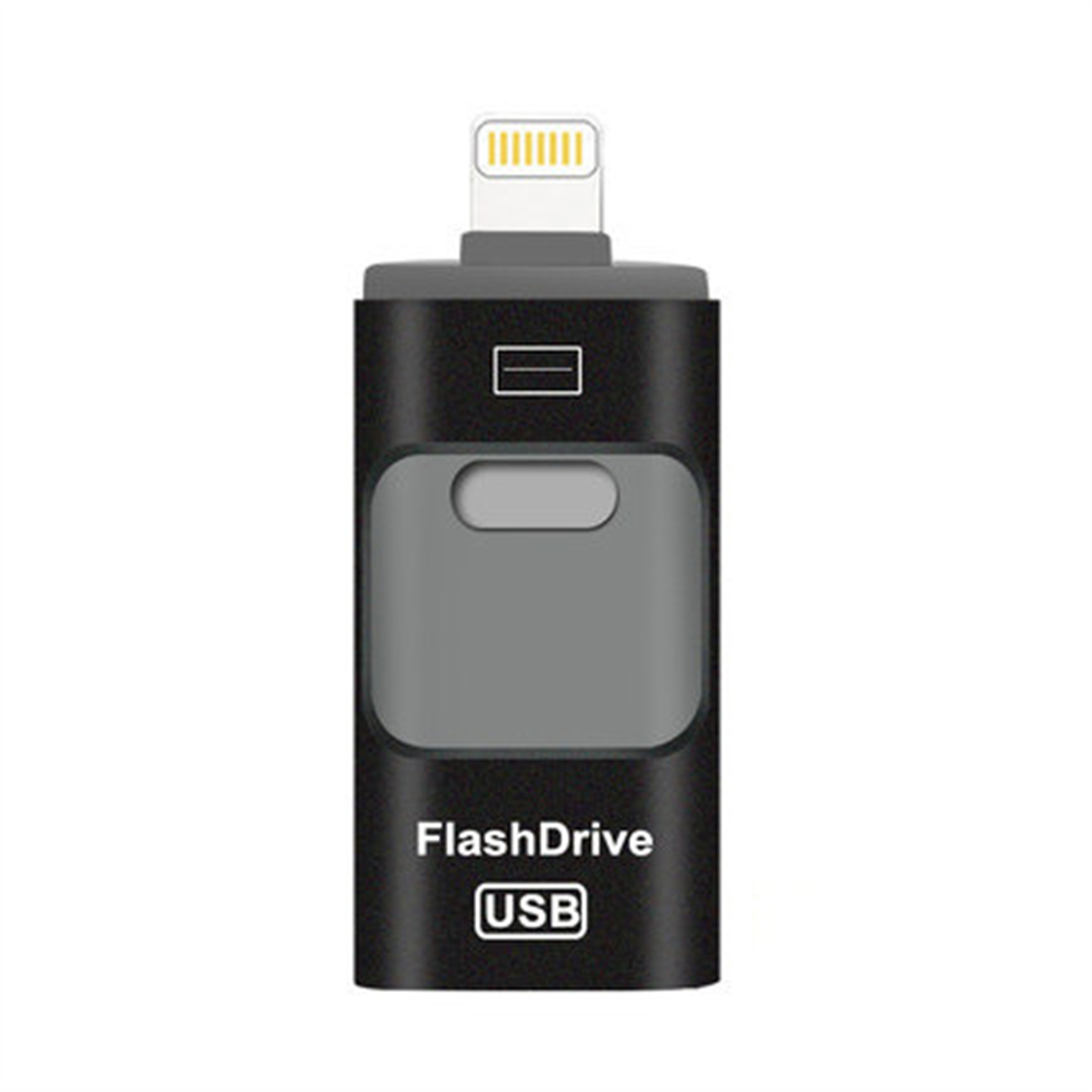 Ein schwarzer und grauer USB-Flash-Laufwerk mit Lightning-Anschluss. Es trägt die Aufschrift 'FlashDrive USB'.