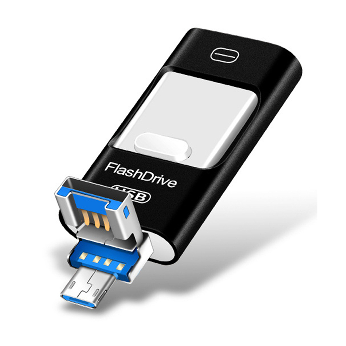 Schwarzer USB-Flash-Laufwerk mit weißen und silbernen Akzenten. Der USB-Anschluss hat blaue und goldene Details. 'FlashDrive' ist aufgedruckt.
