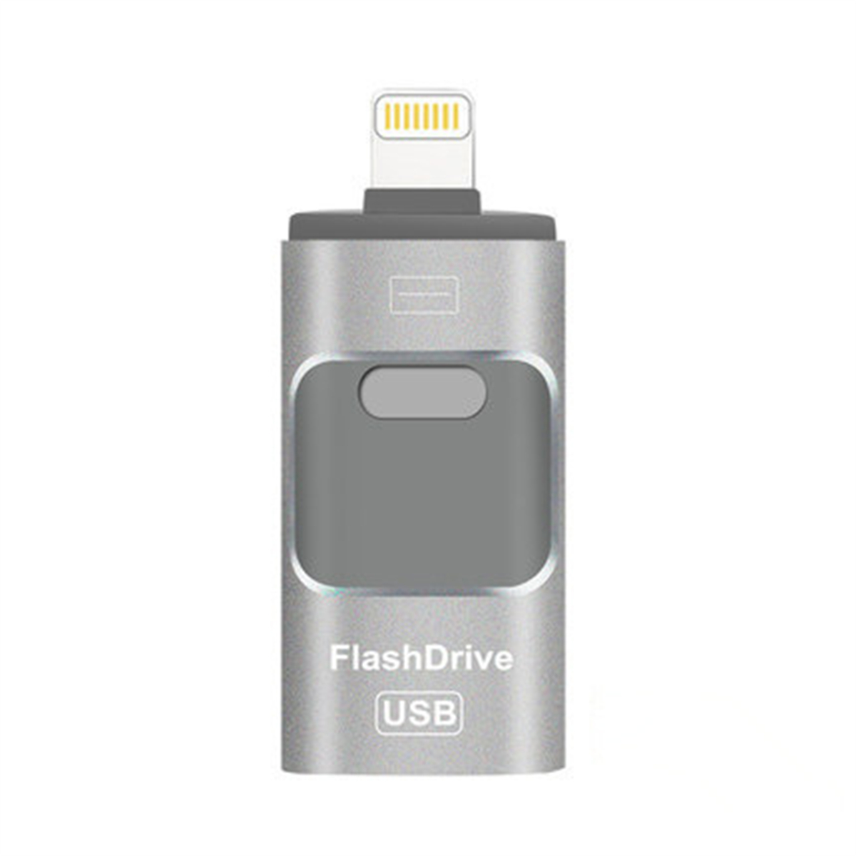 Silberner FlashDrive mit USB- und Lightning-Anschluss. Es hat einen grauen Mittelteil, und das Wort FlashDrive und USB sind sichtbar.