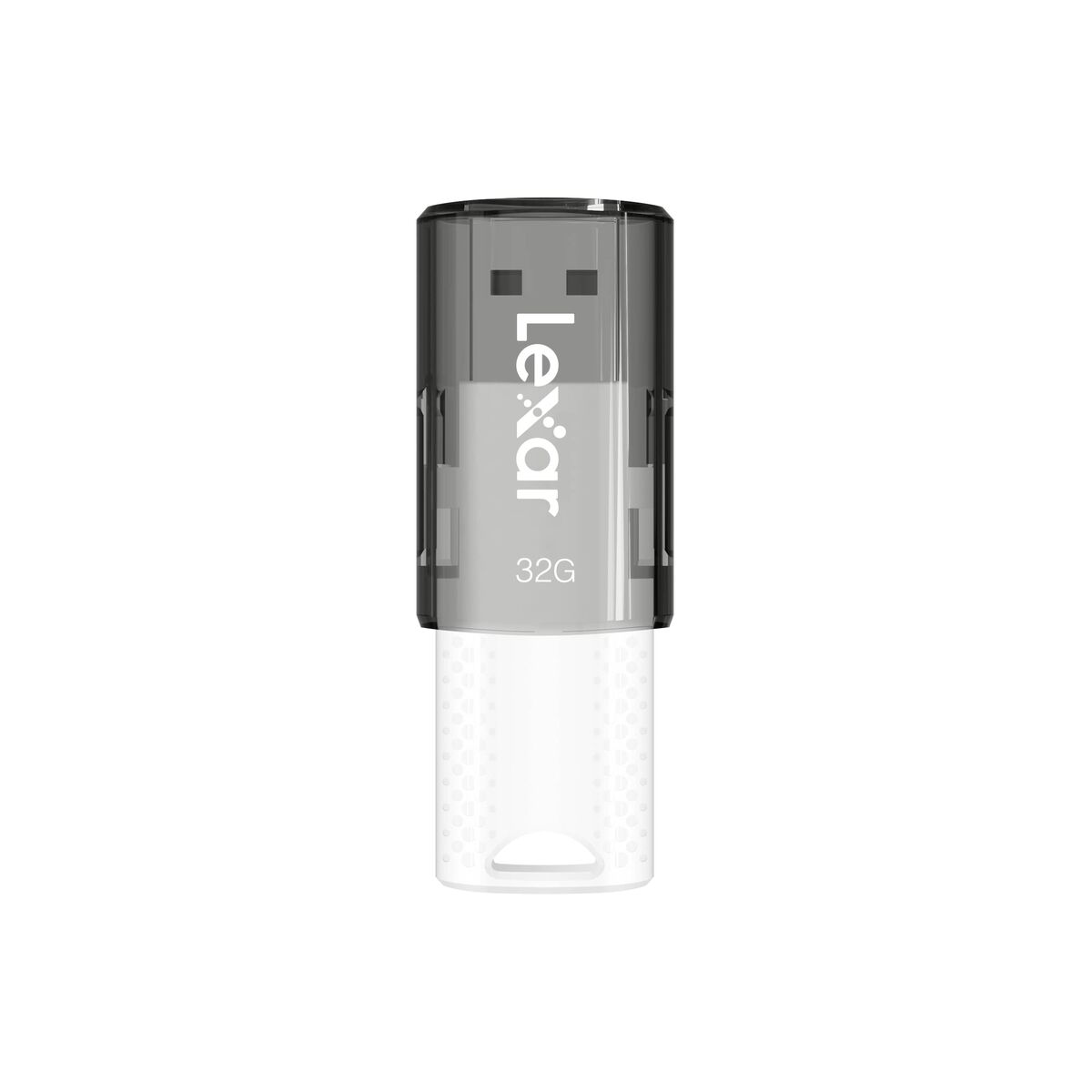 Un'unità flash USB Lexar 32G, grigio scuro e bianco, su sfondo bianco.
