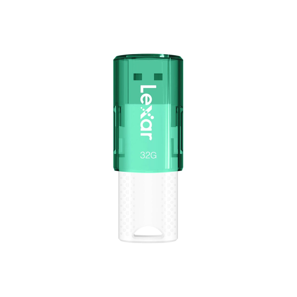 Una chiavetta USB Lexar 32G verde e bianca, centrata verticalmente su sfondo bianco, con il logo Lexar visibile.