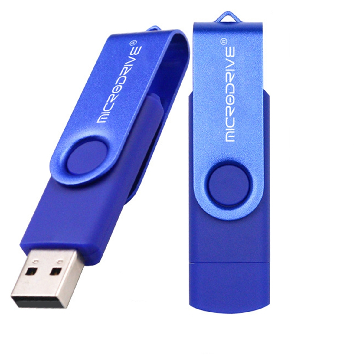 Zwei blaue USB-Flash-Laufwerke. Eines ist abgewinkelt und zeigt den USB-Anschluss. Beide haben das Microdrive-Logo und eine Schlaufe.