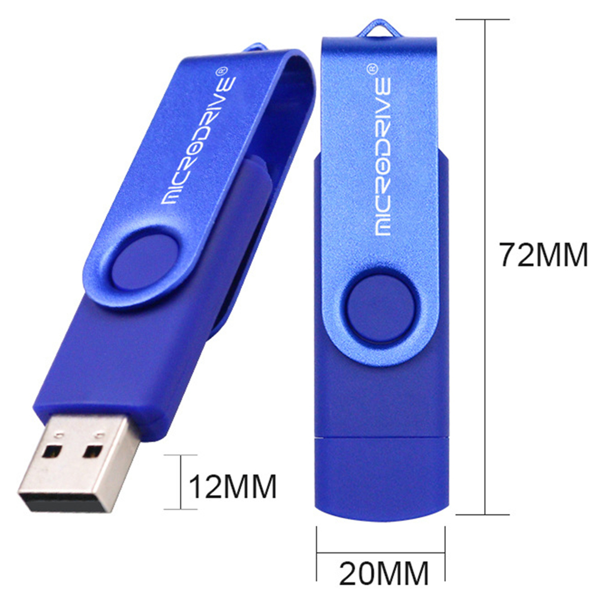 Zwei blaue USB-Flash-Laufwerke, eines abgewinkelt, das andere gerade. Abmessungen: 72 mm, 12 mm und 20 mm. Markenname ist MicroDrive.