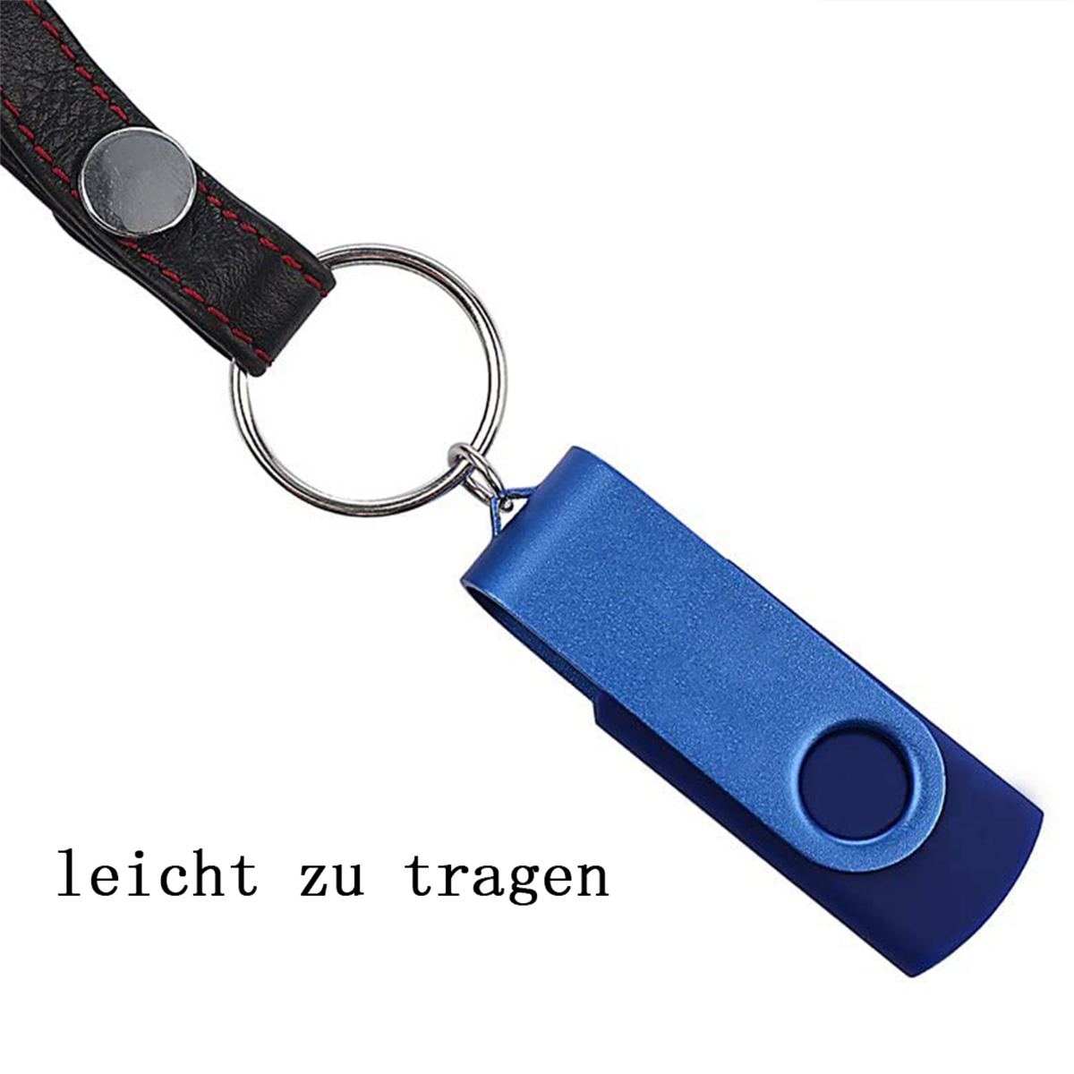 Ein blauer USB-Stick ist an einem Schlüsselanhänger befestigt. Der Schlüsselanhänger ist mit einem schwarzen Riemen verbunden. Text: leicht zu tragen.