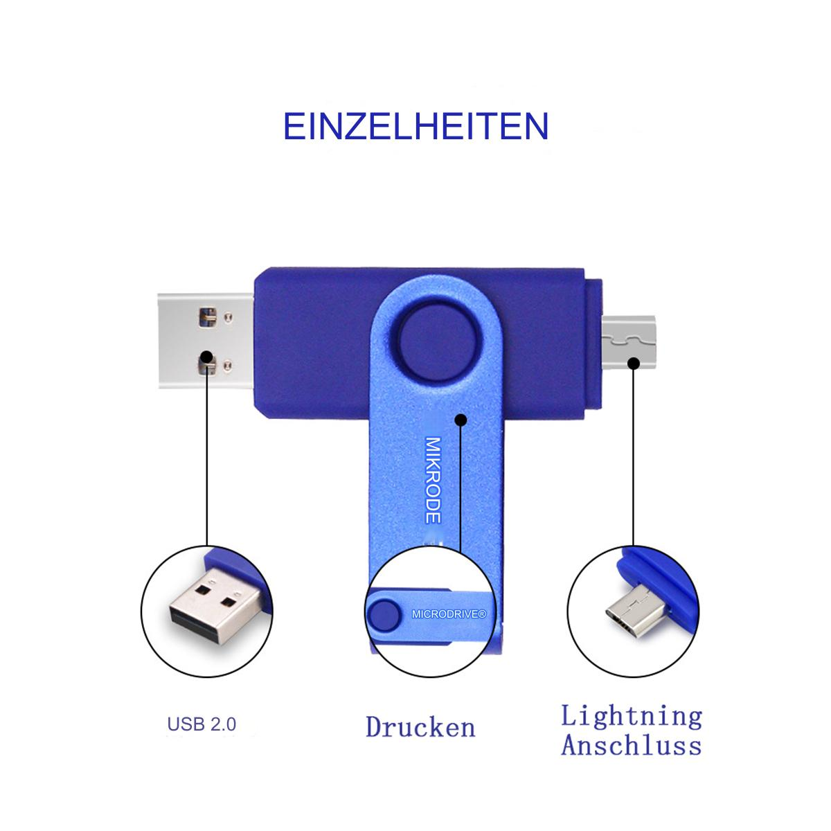 Ein blau-silberner USB-Stick mit USB 2.0, einer Taste und einem Lightning-Anschluss. Oben steht 'Einzelheiten'.