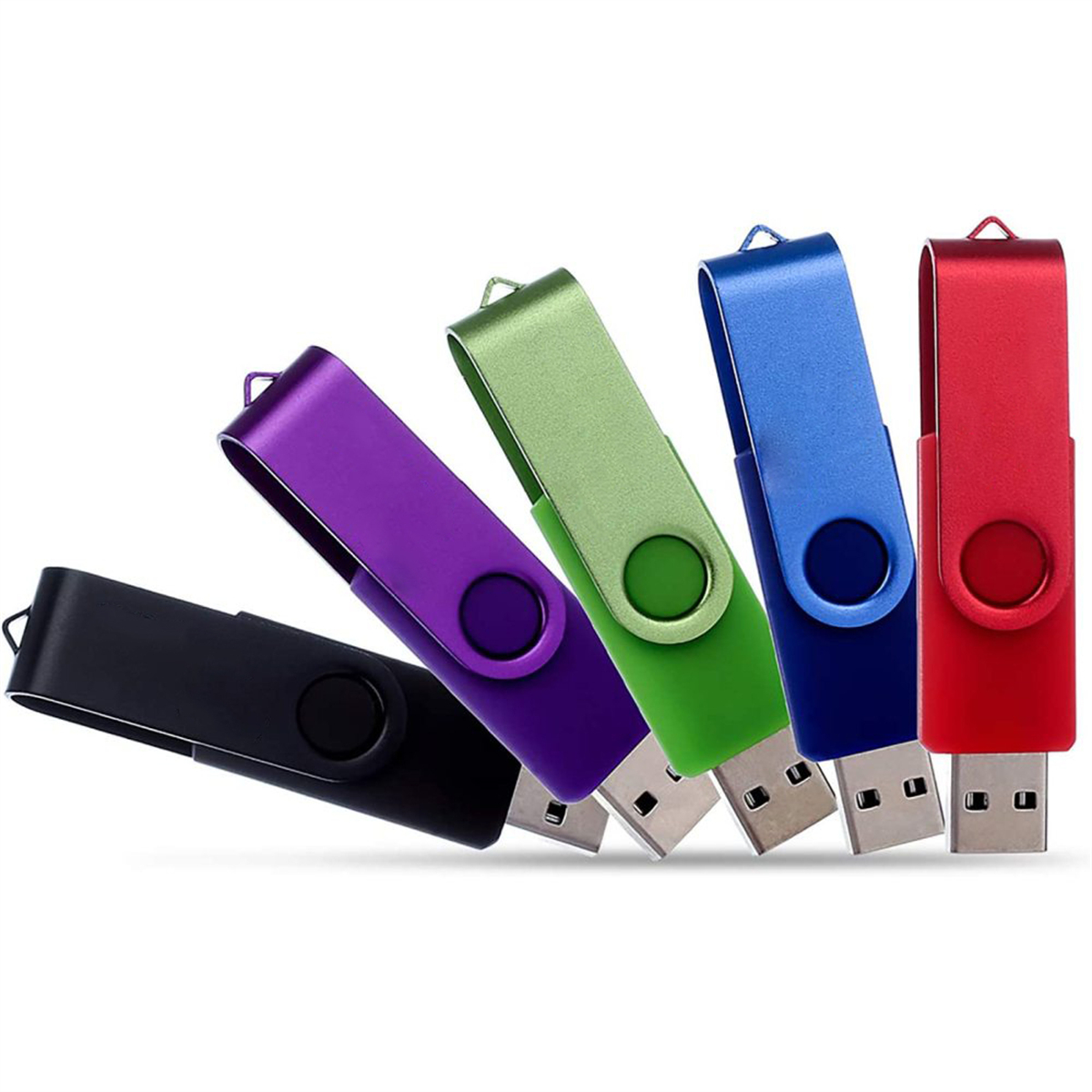 Fünf bunte USB-Sticks: schwarz, lila, grün, blau und rot. Sie sind diagonal angeordnet und zeigen ihr Design.
